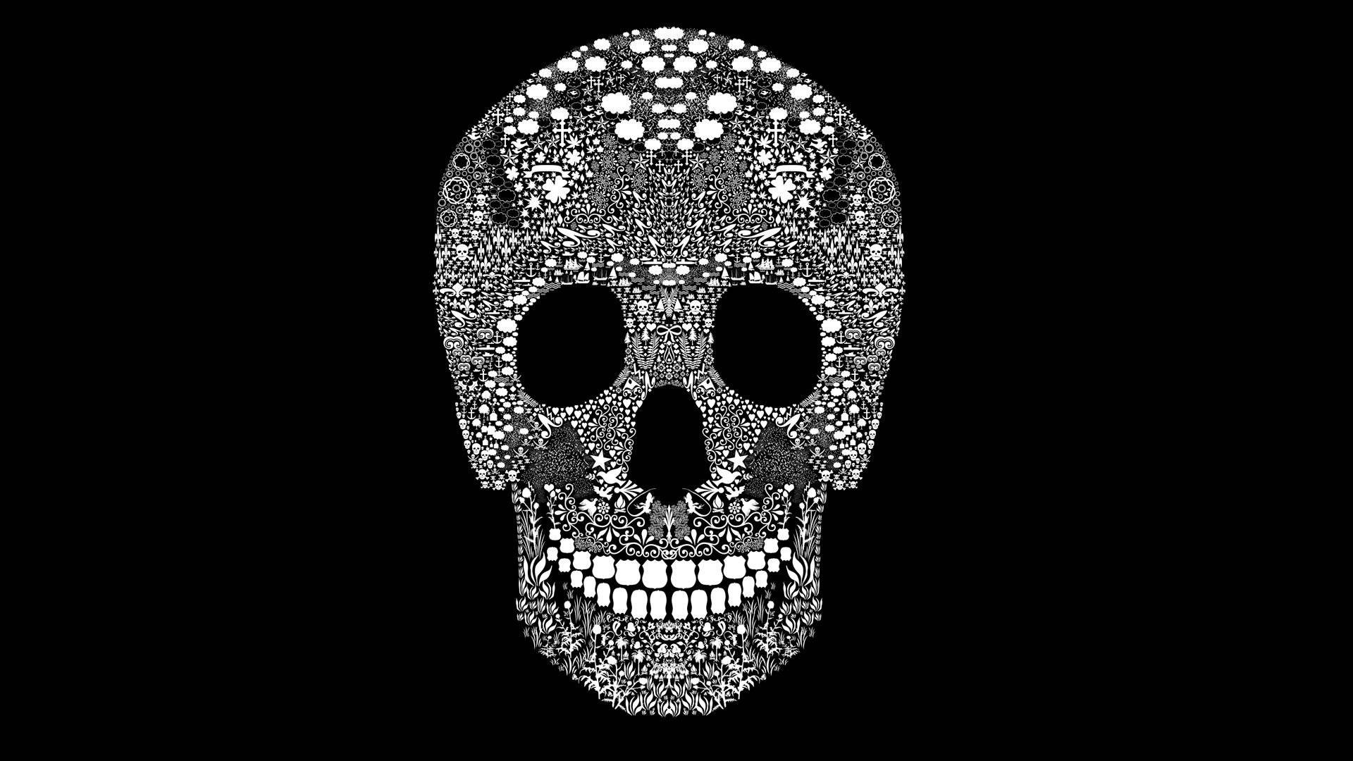 Black Skull, black and white ornate skull, intricate floral and geometric patterns, Full HD Desktop Wallpaper