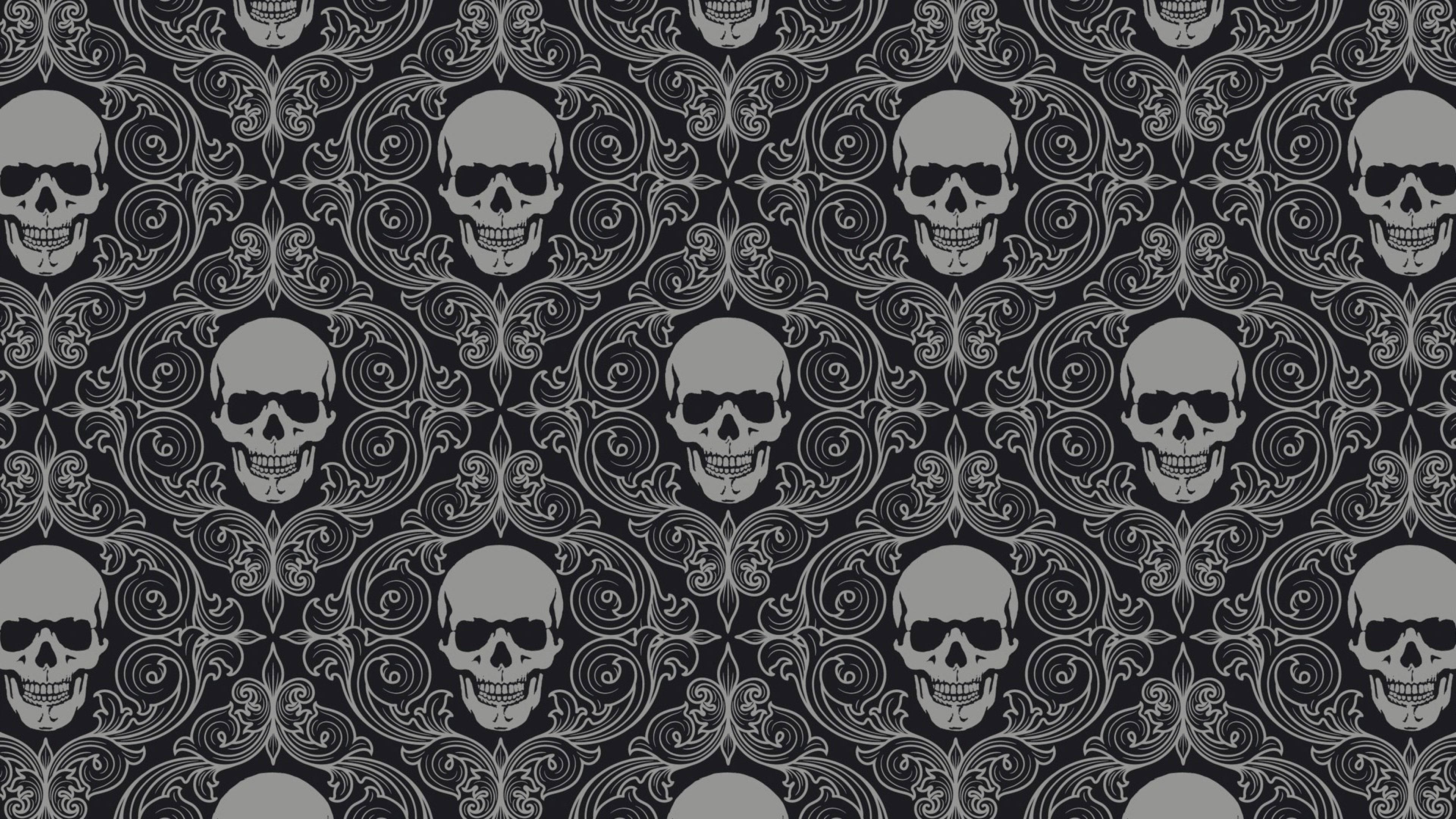 Black Skull, baroque scrollwork, skulls, 4K Desktop Wallpaper