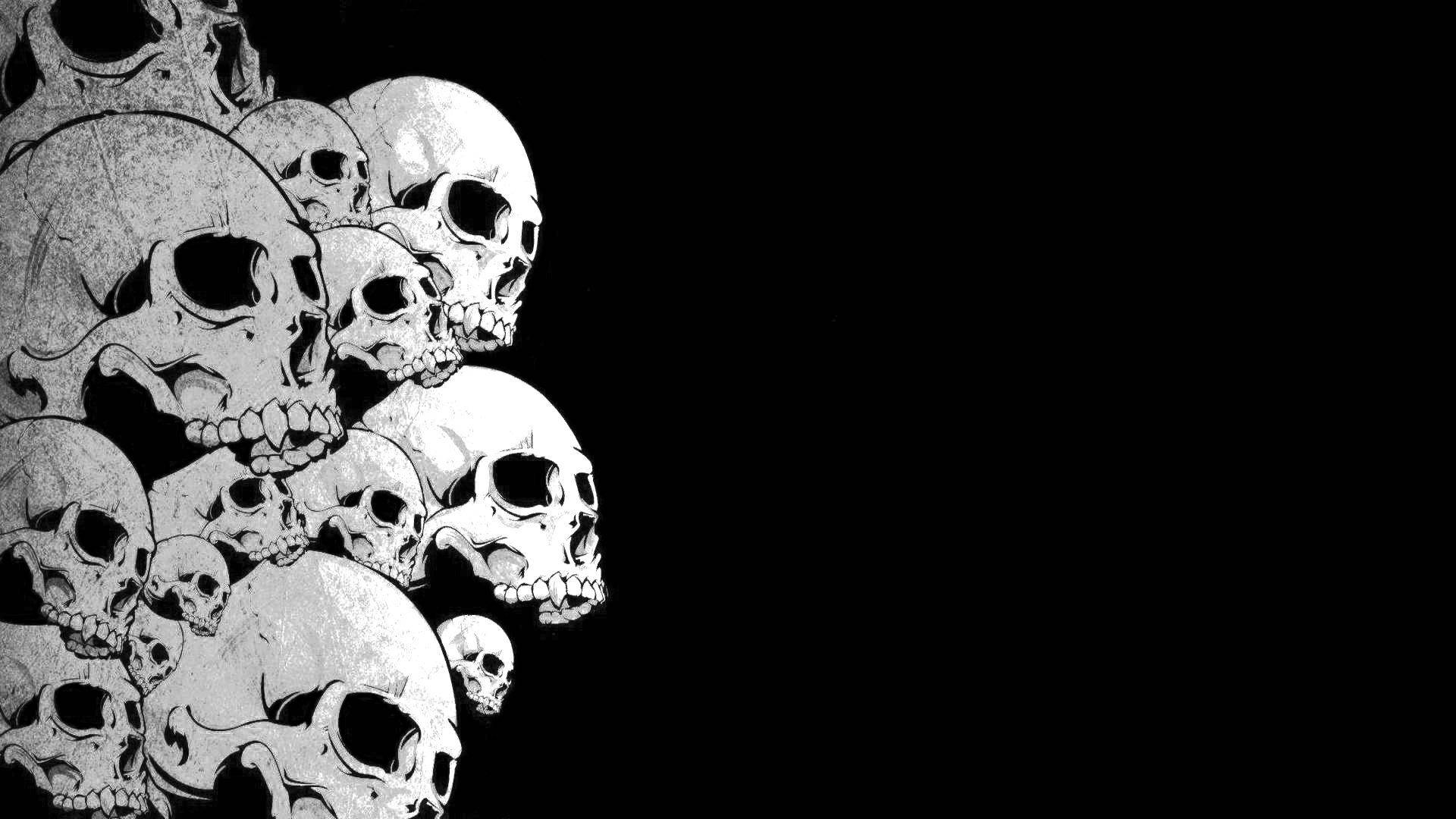 Black Skull, black and white illustration, overlapping skulls, Full HD Desktop Wallpaper