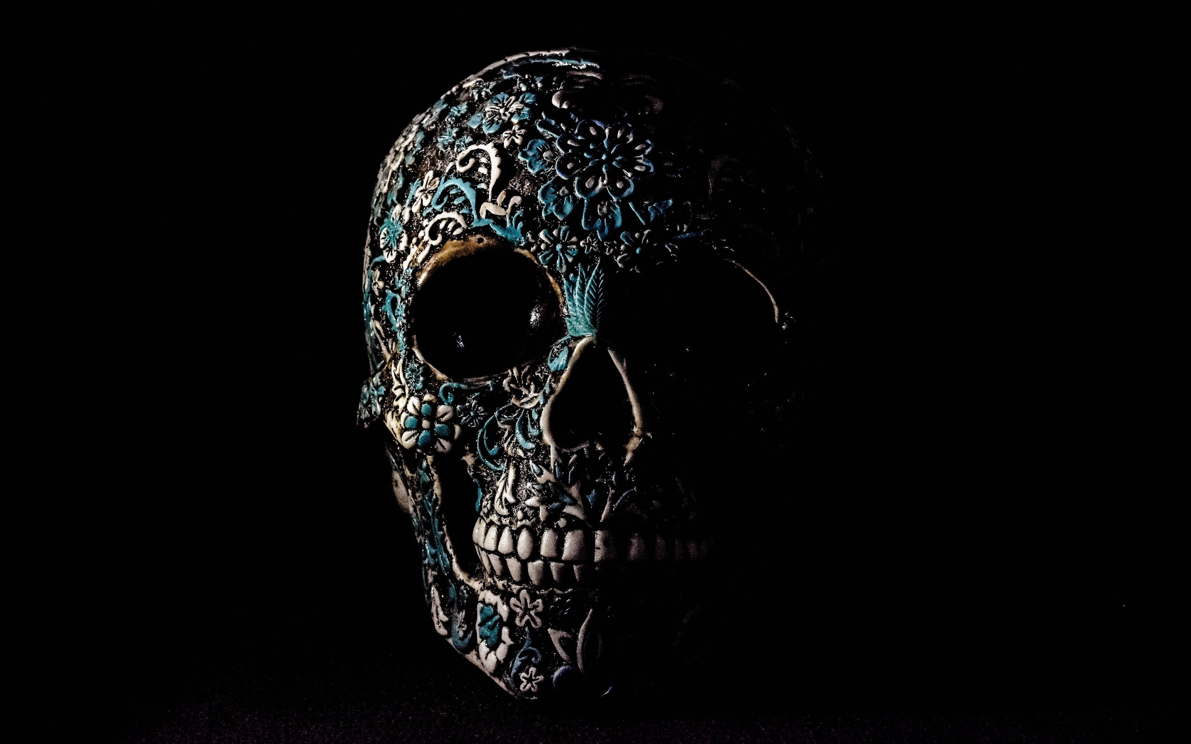 black skull, black stone, blue, 4K Desktop Wallpaper