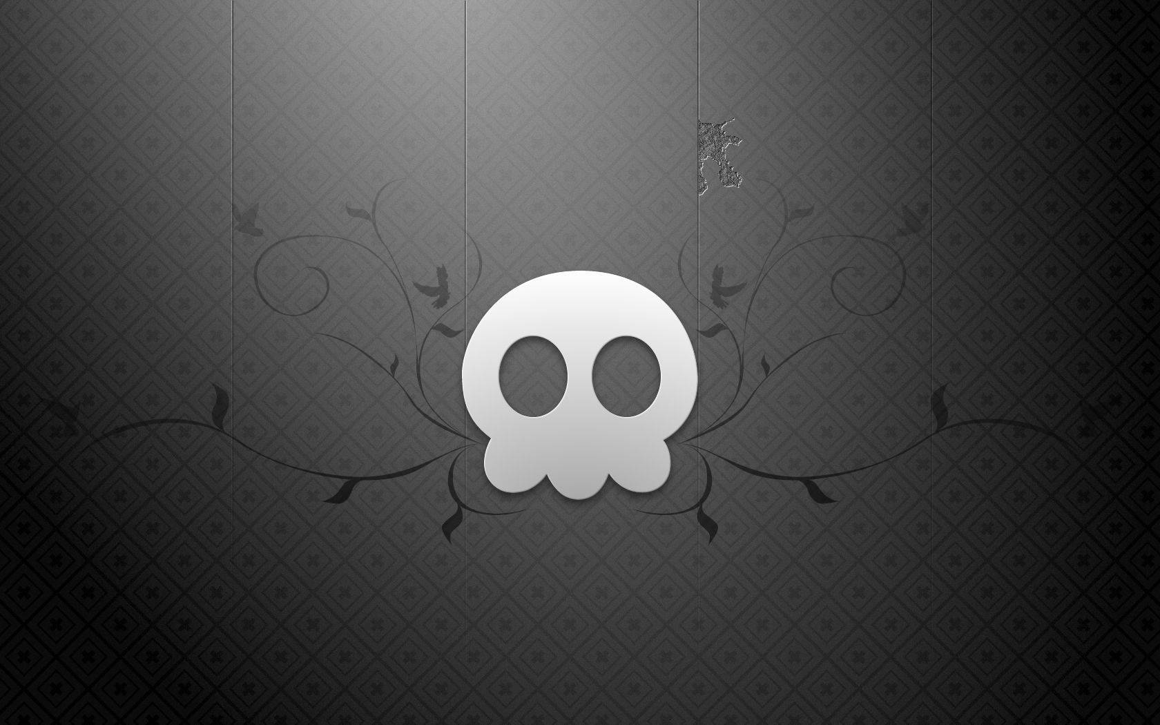Black Skull, white skull, dark gray patterned background, HD Desktop Wallpaper