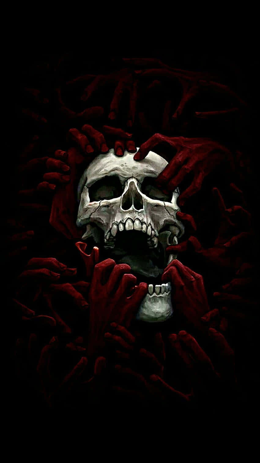 Black Skull, red hands, black void, HD Phone Wallpaper