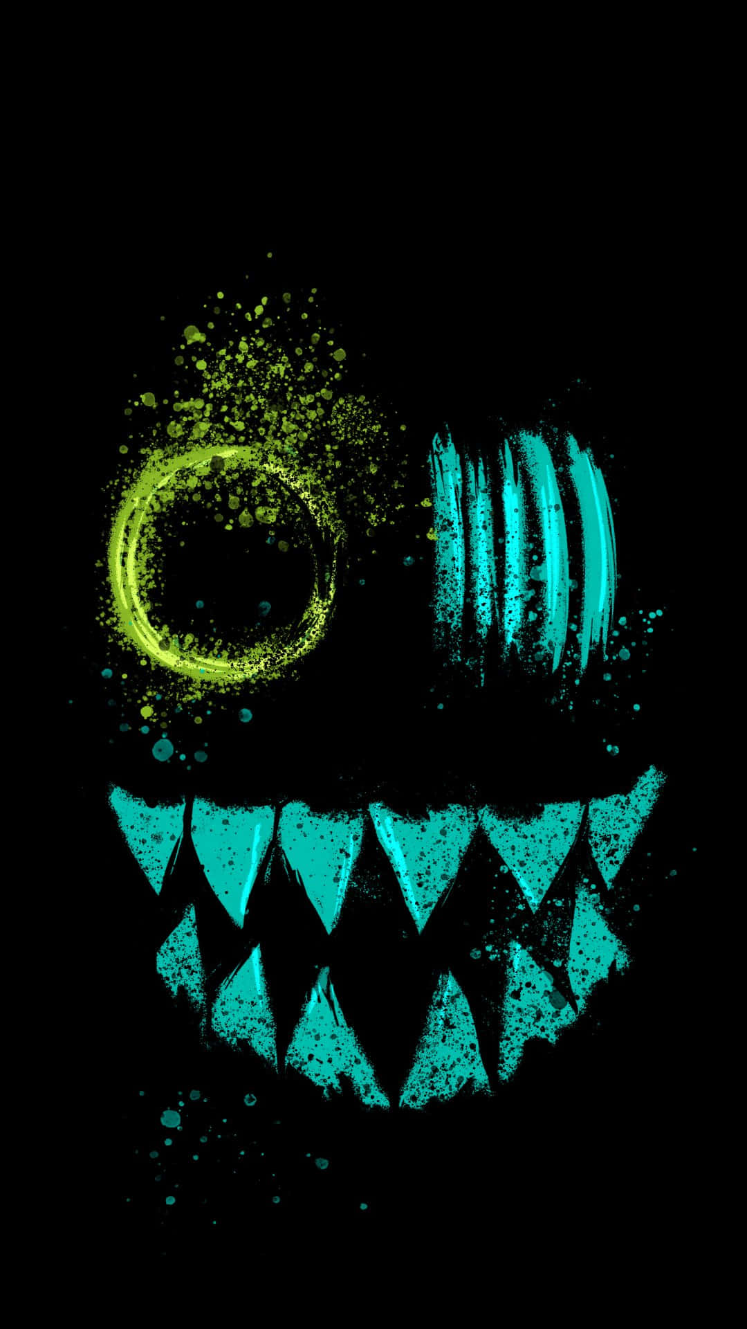 creepy black smile, glowing green eye, cyan teeth, Full HD Phone Wallpaper