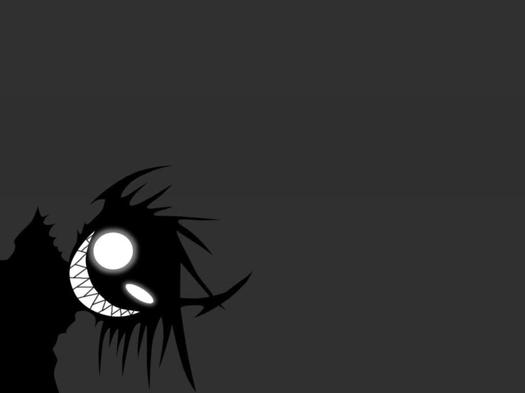 creepy black kid smile, monstrous eye, glowing white pupil, SD Desktop Wallpaper