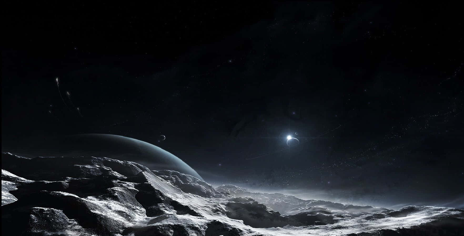 lunar landscape, starry sky, glowing crescent moon, HD Desktop Wallpaper