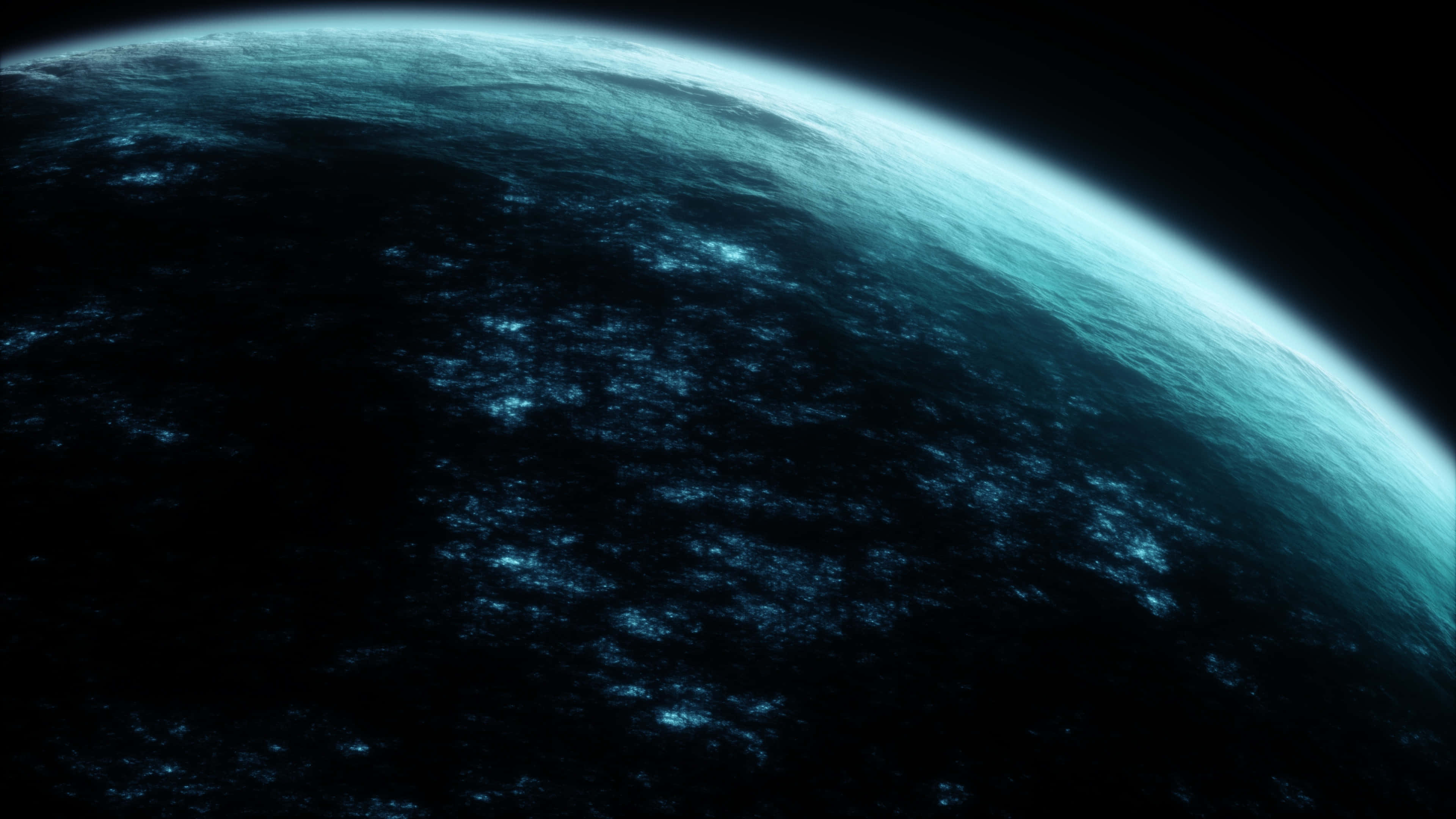 teal planet, black void, bright spots, 4K Desktop Wallpaper