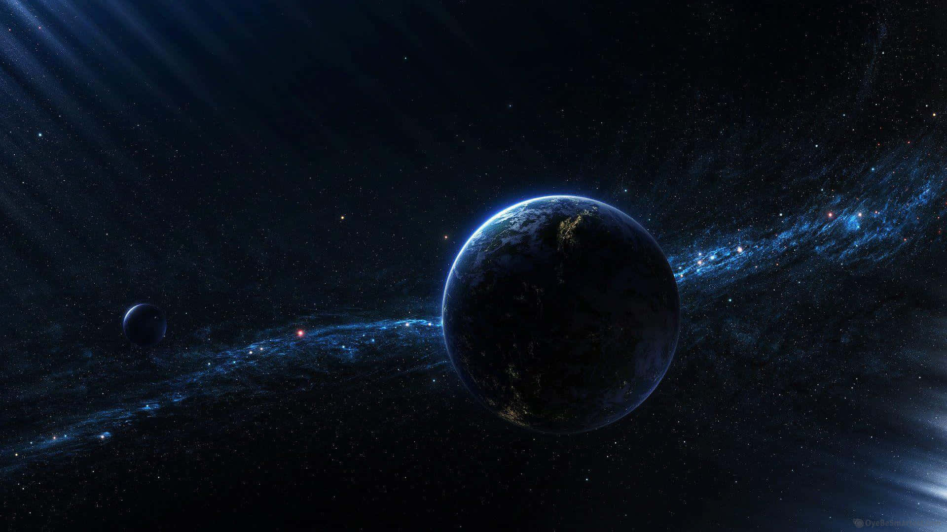 Black Space, glowing city lights, vibrant blue nebula, Full HD Desktop Wallpaper