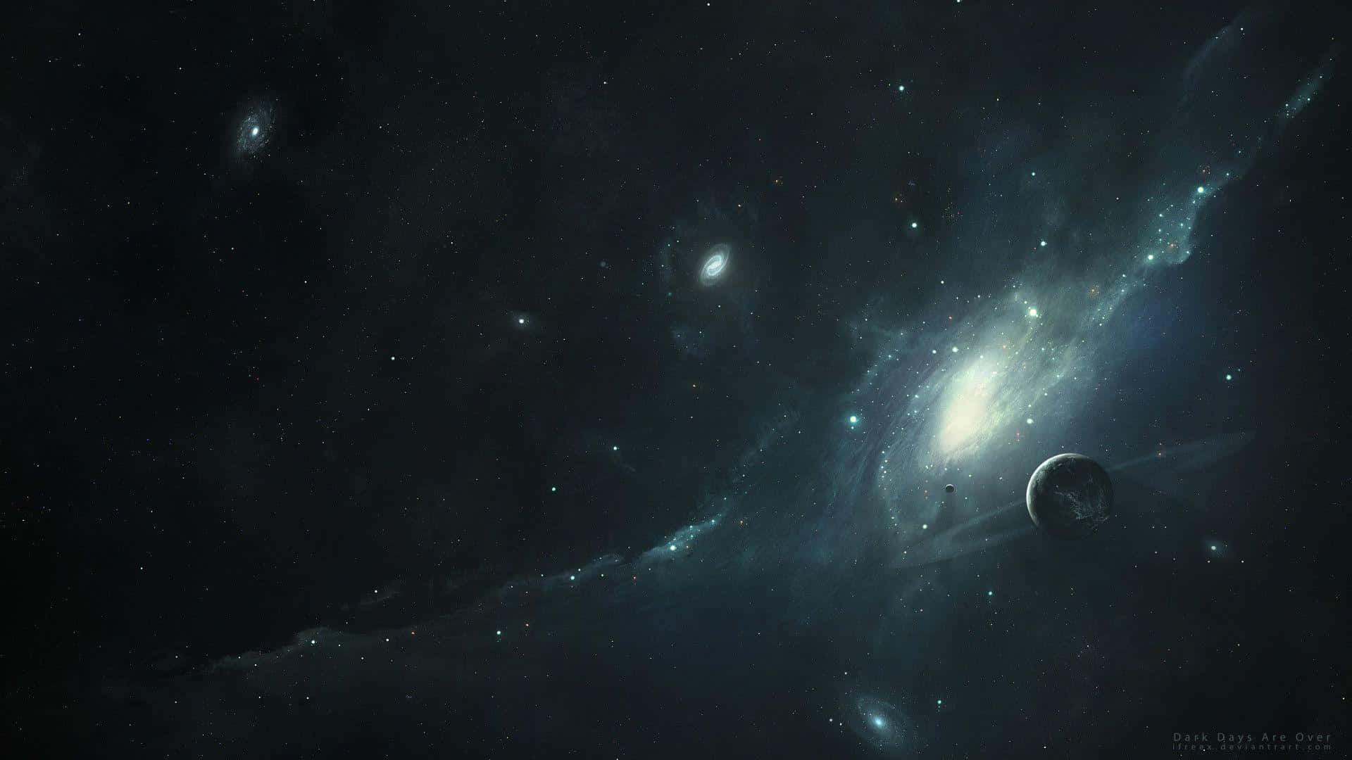 Black Space, spiral galaxy, blue and white nebulae, Full HD Desktop Wallpaper