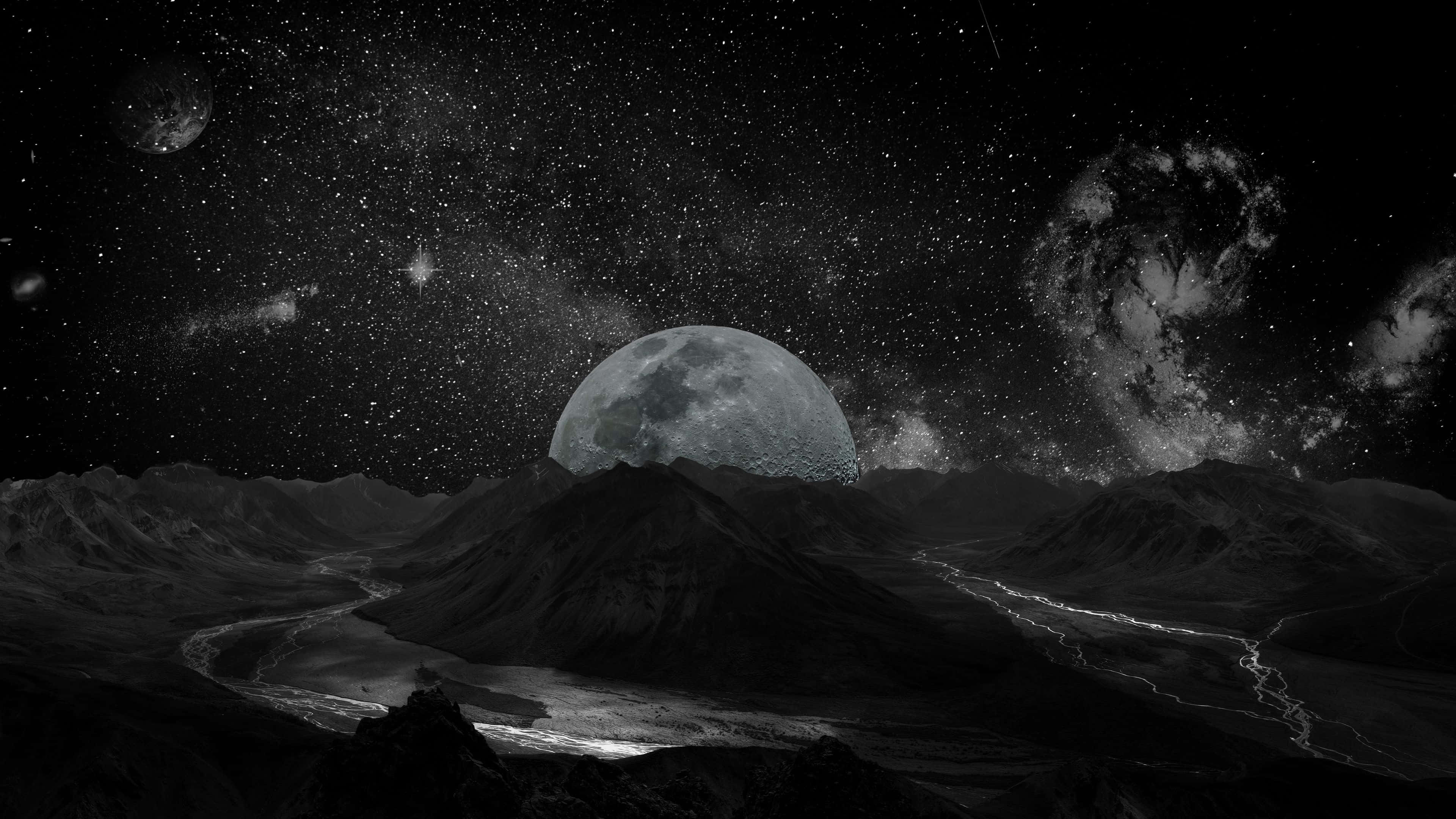 black space, monochrome alien landscape, jagged mountains, 4K Desktop Wallpaper