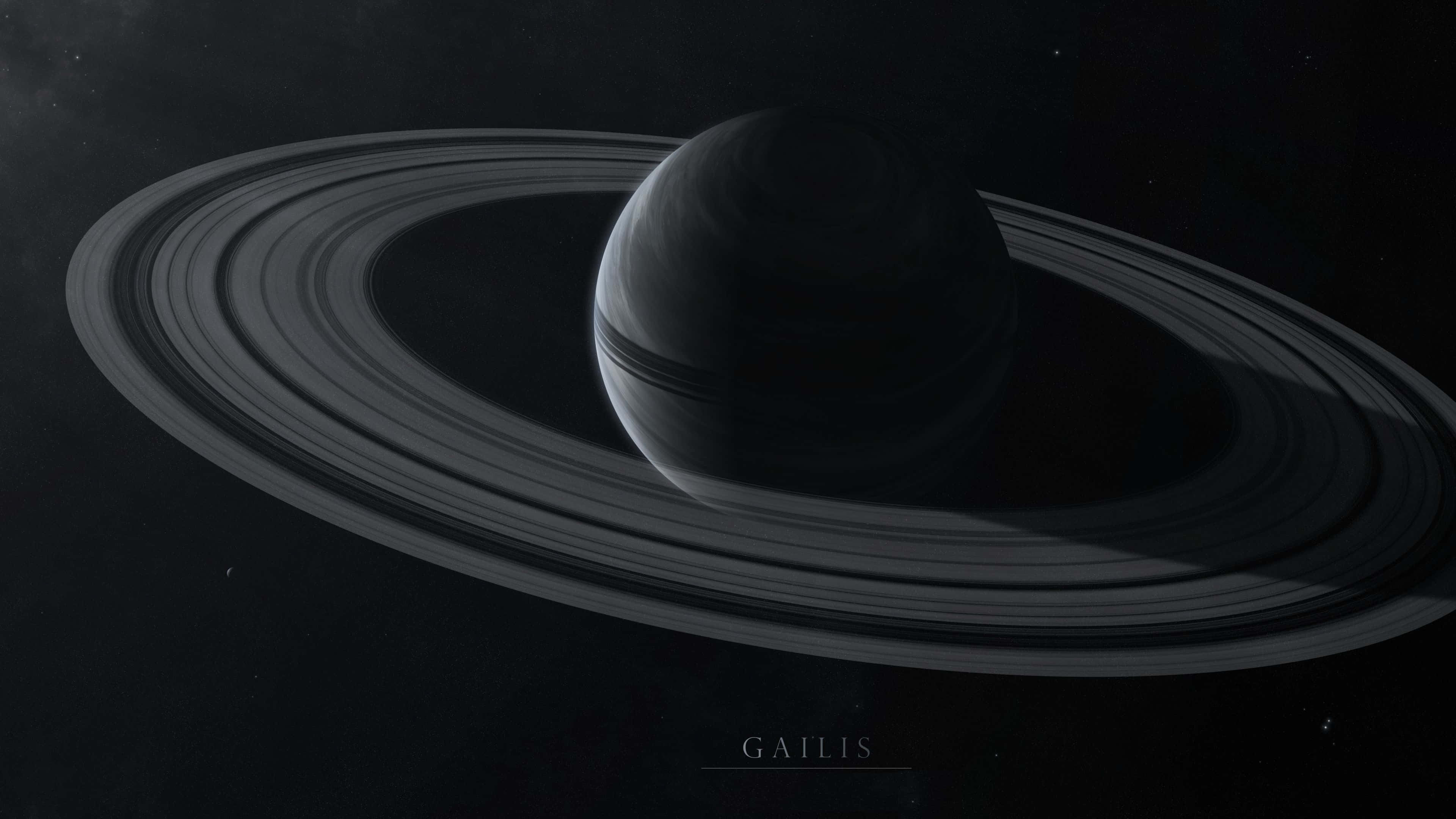Black Space, monochrome planet, intricate rings, 4K Desktop Wallpaper