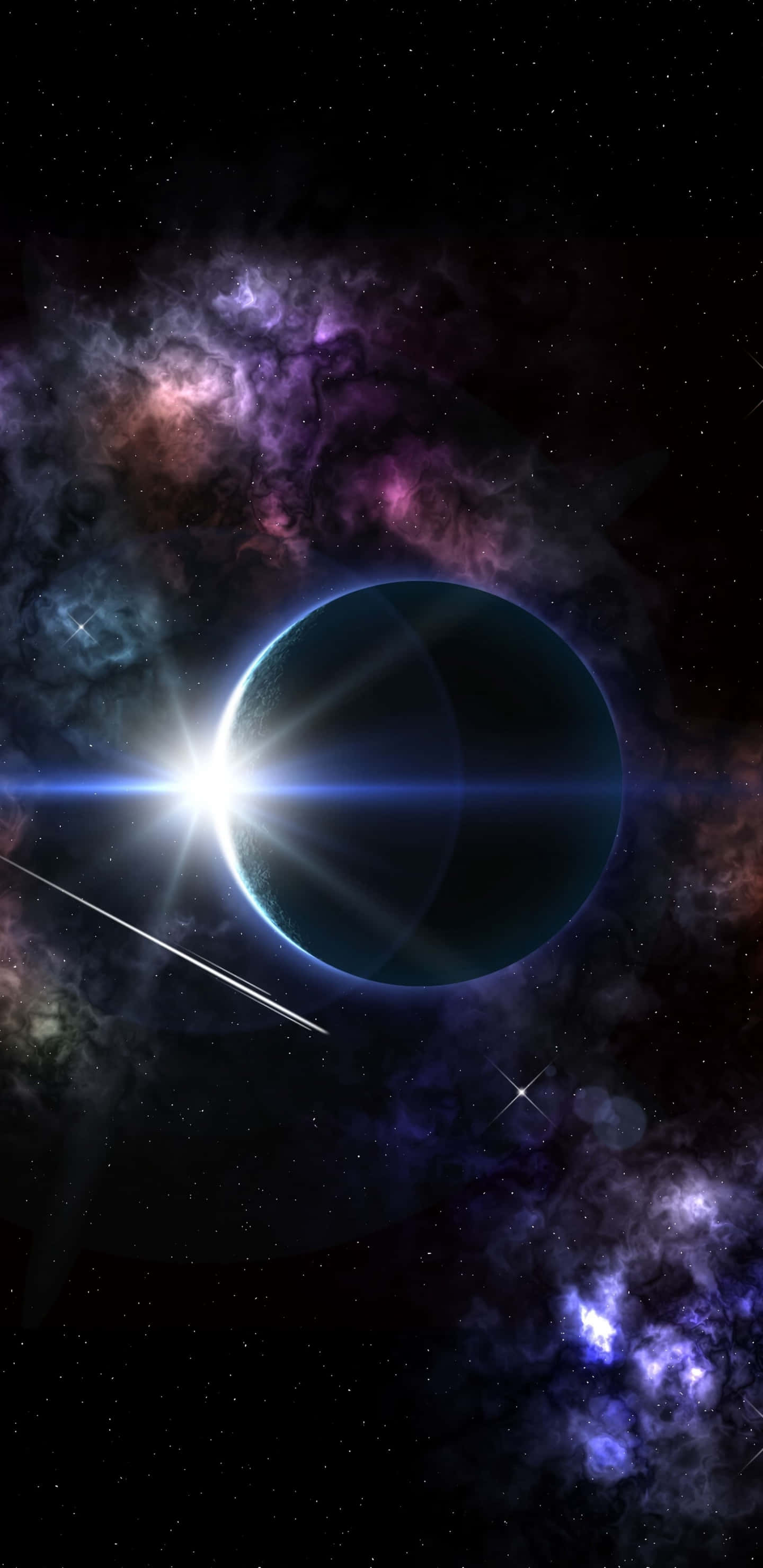 Black Stars iPhone, glowing planet, bright starburst, 2K Phone Wallpaper