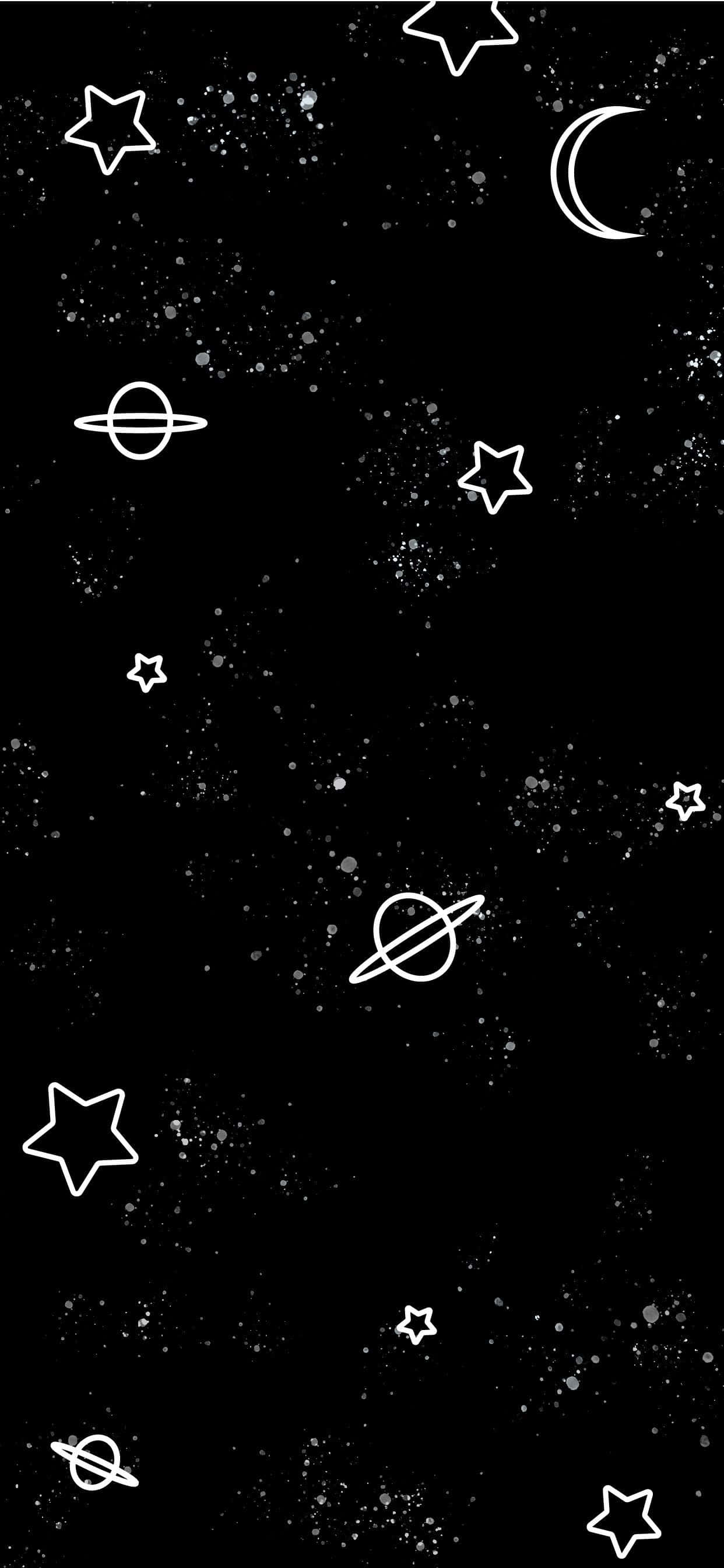 black and white star, white outlined stars, planets, 2K Phone Wallpaper