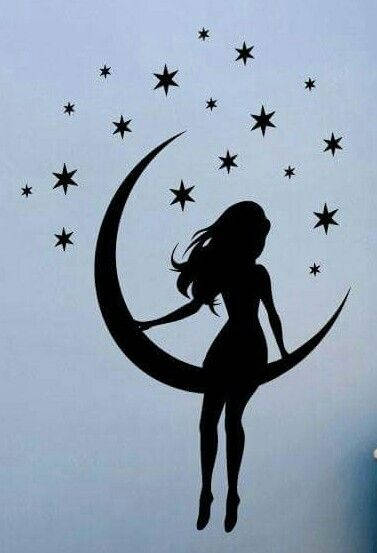 woman silhouette, crescent moon, scattered stars, SD Phone Wallpaper