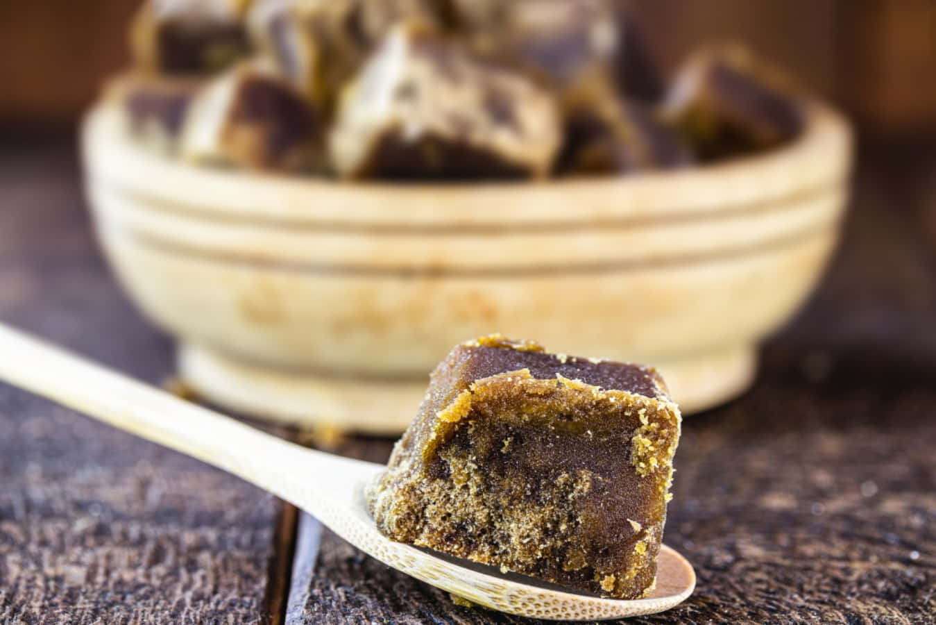 Black Sugar, dark brown sugar cube, wooden spoon, HD Desktop Wallpaper