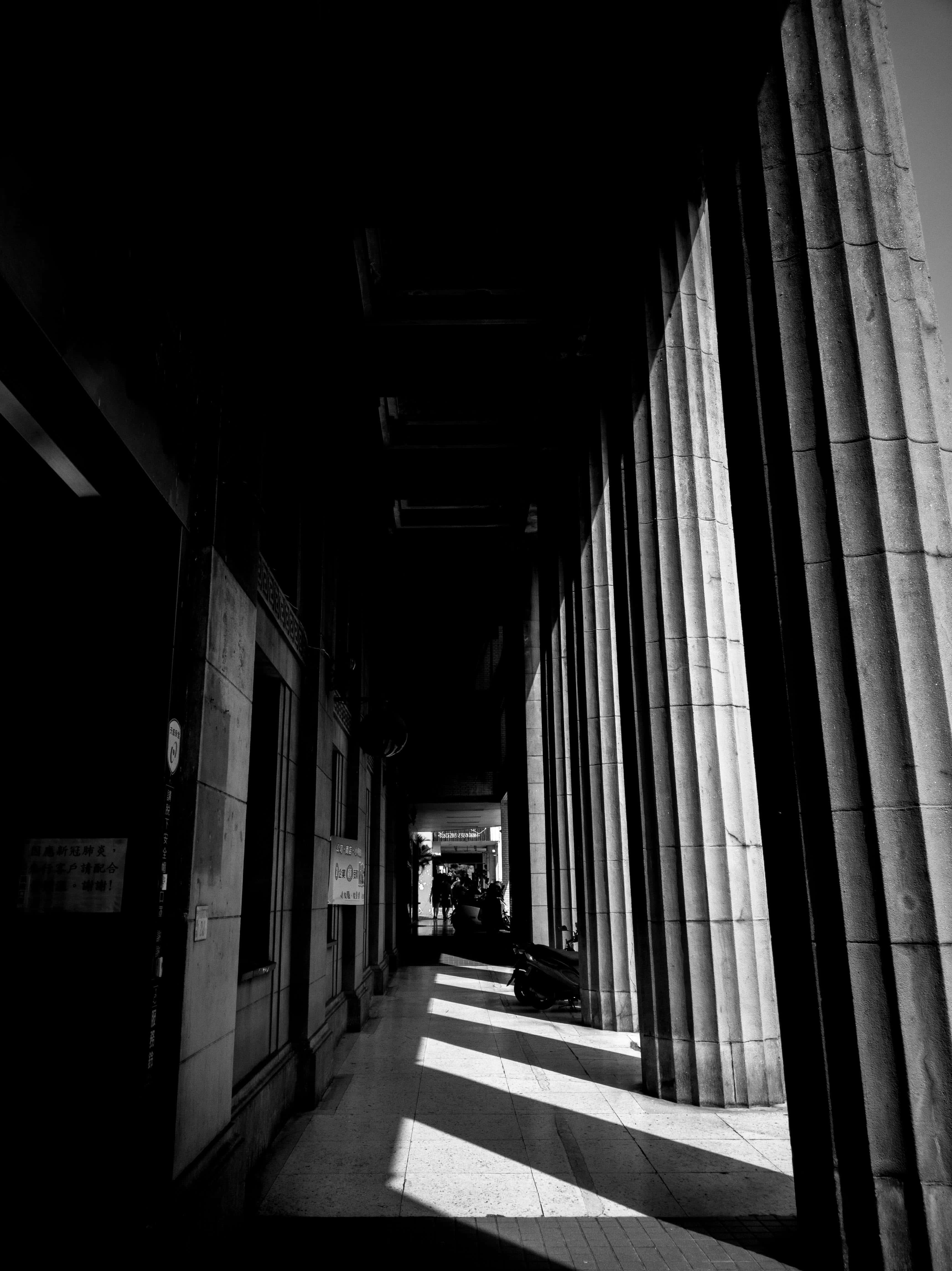 monochrome architecture, sunlit colonnade, strong shadows, 4K Phone Wallpaper