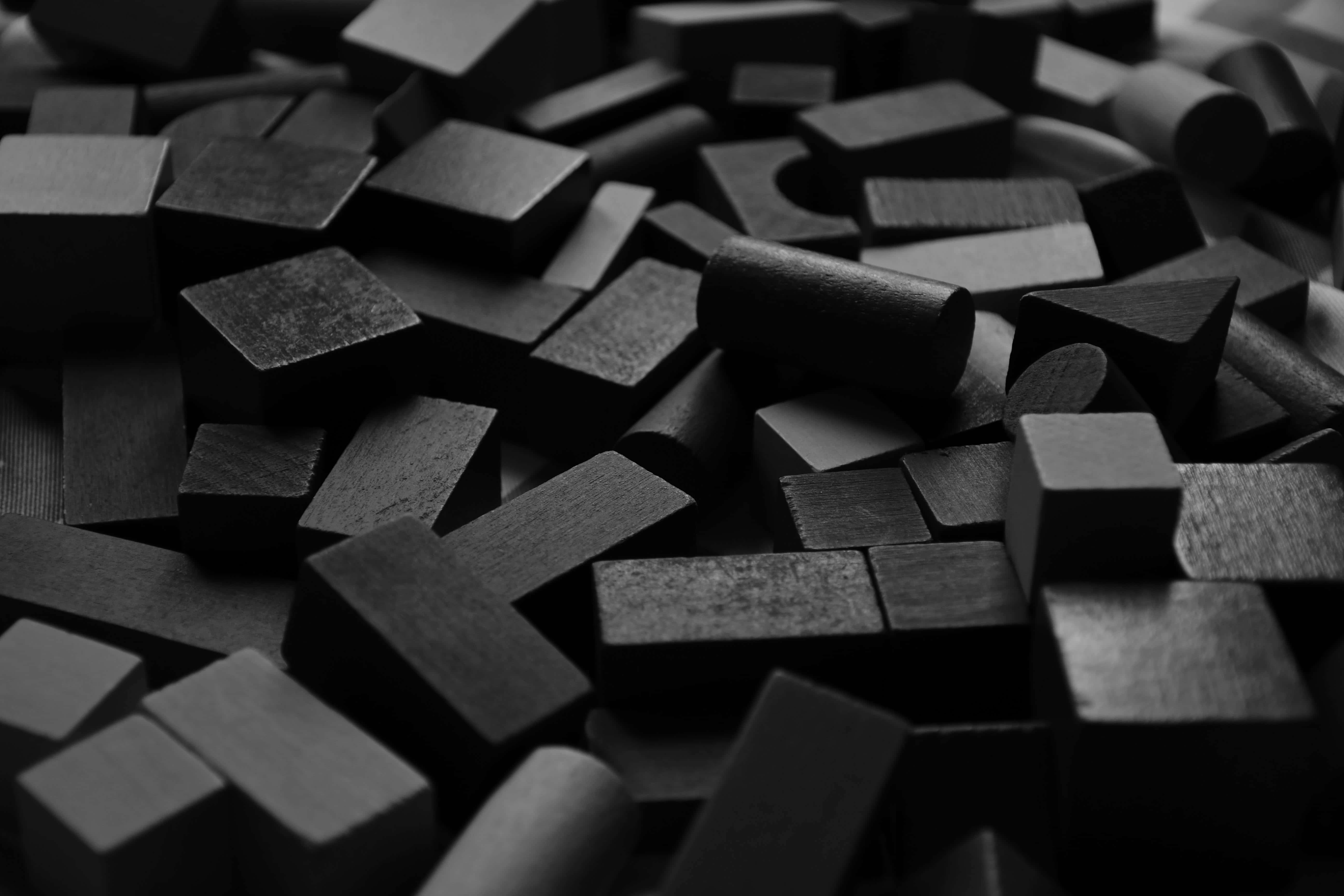 monochrome wooden blocks puzzle, black wooden blocks, cylinders, 5K Desktop Wallpaper