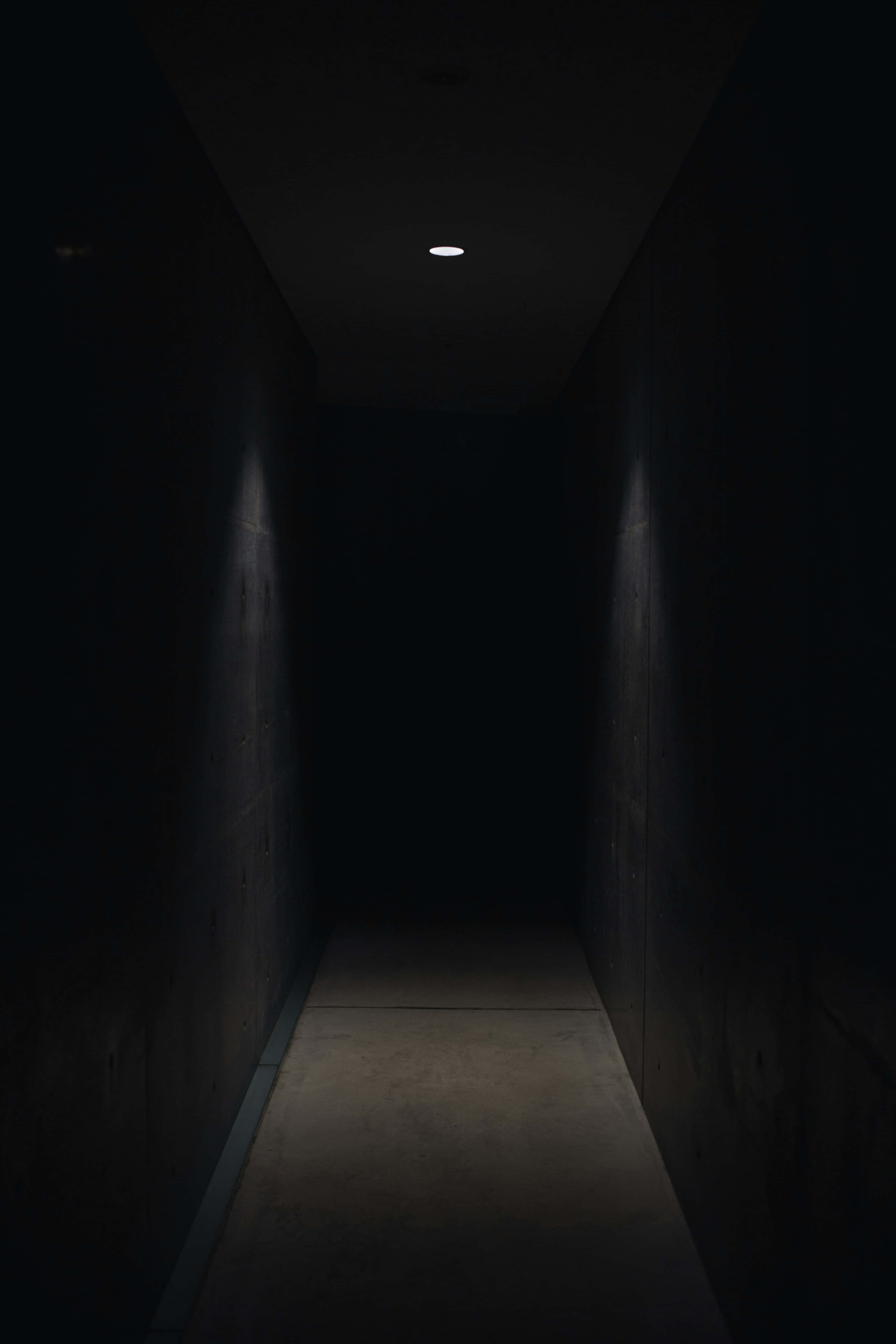 dark corridor, narrow concrete hallway, ceiling light, 5K Phone Wallpaper