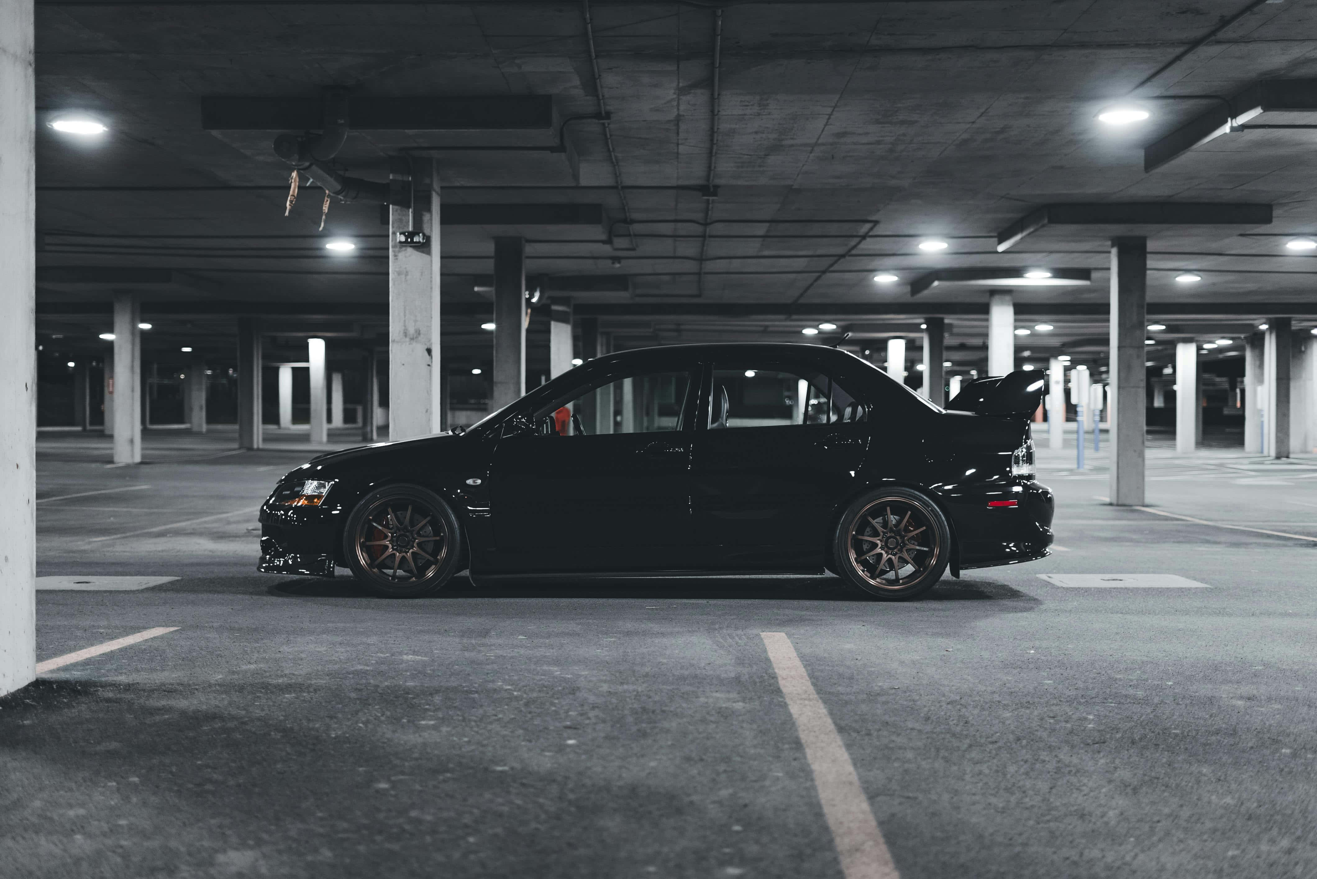 black sports car, modified sedan, bronze wheels, 4K Desktop Wallpaper