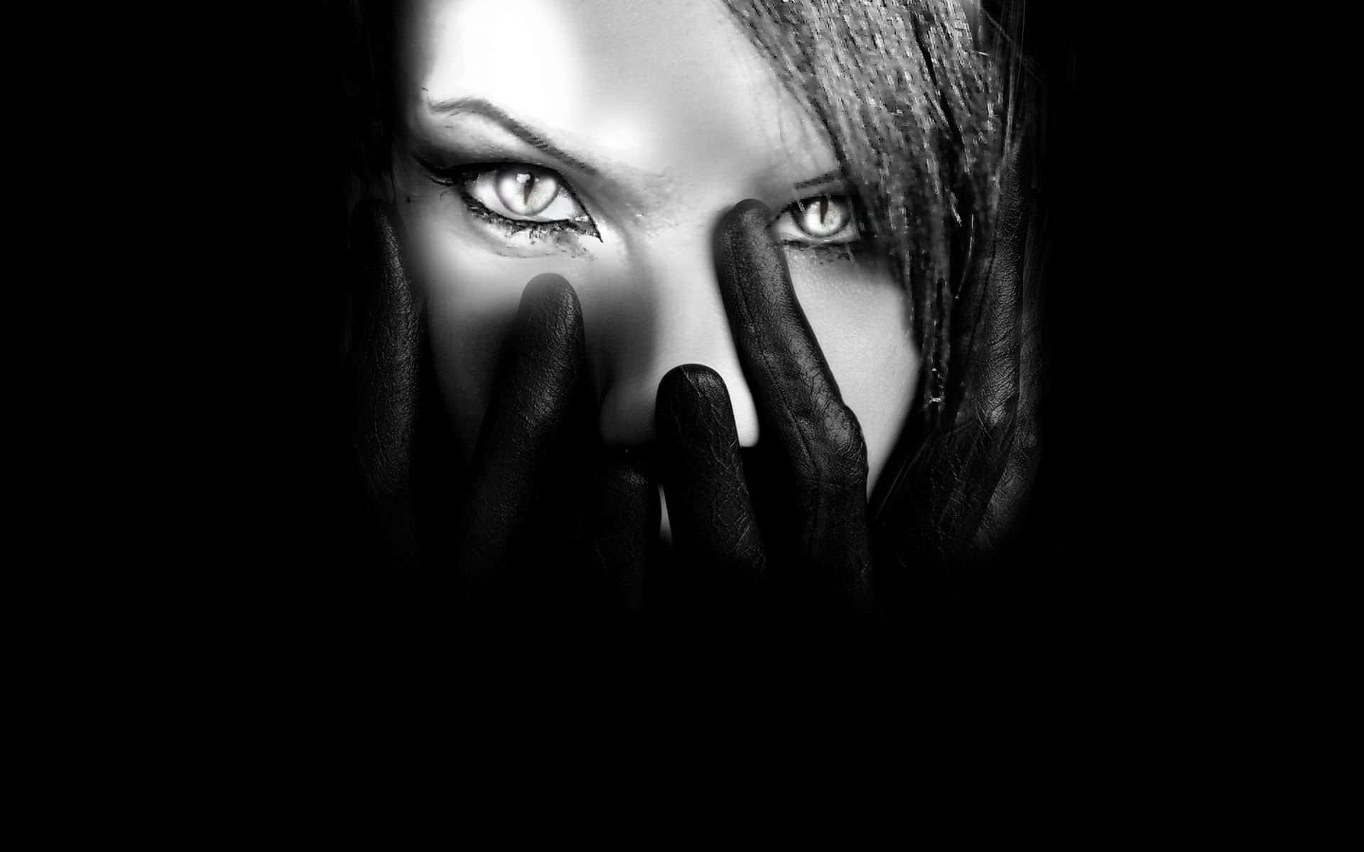 black and white portrait, woman's intense eyes, gloved fingers, Full HD Desktop Wallpaper