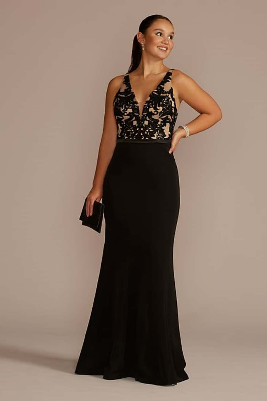 black lace and satin mermaid gown, neutral studio backdrop, black tie dress, HD Phone Wallpaper