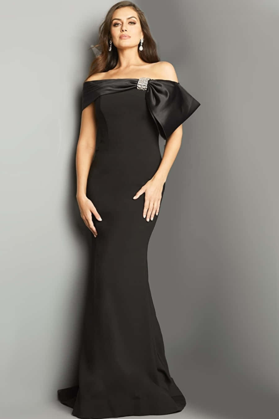 black tie dress, sleek black off-shoulder gown, jeweled bow, HD Phone Wallpaper