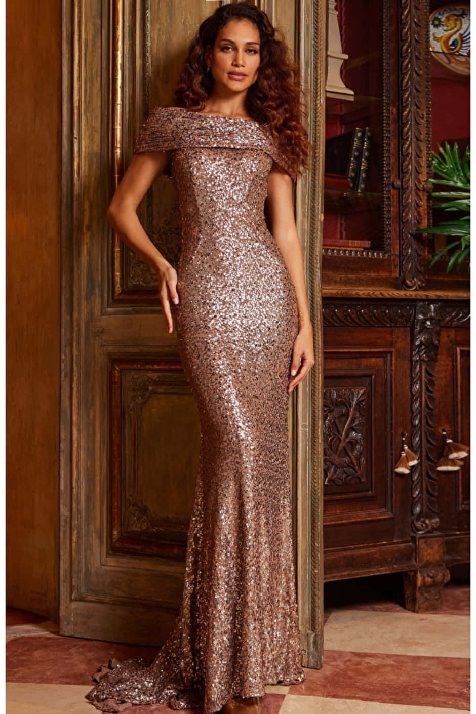 shimmering rose gold sequined gown, ornate wooden door, richly decorated room, HD Phone Wallpaper