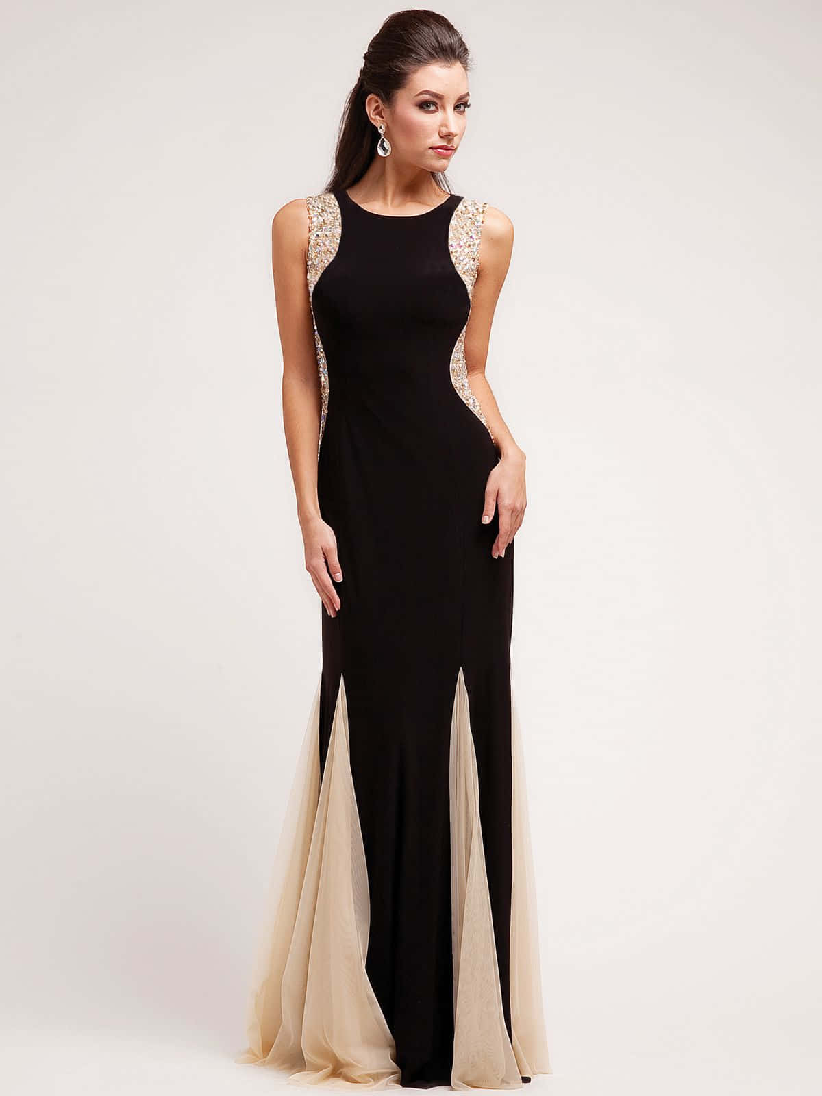 black tie dress, black evening gown, gold beaded shoulders, HD Phone Wallpaper