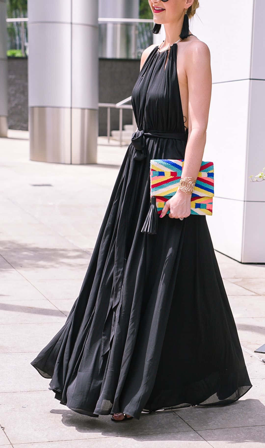 black tie dress, flowing black halter gown, colorful geometric clutch, HD Phone Wallpaper