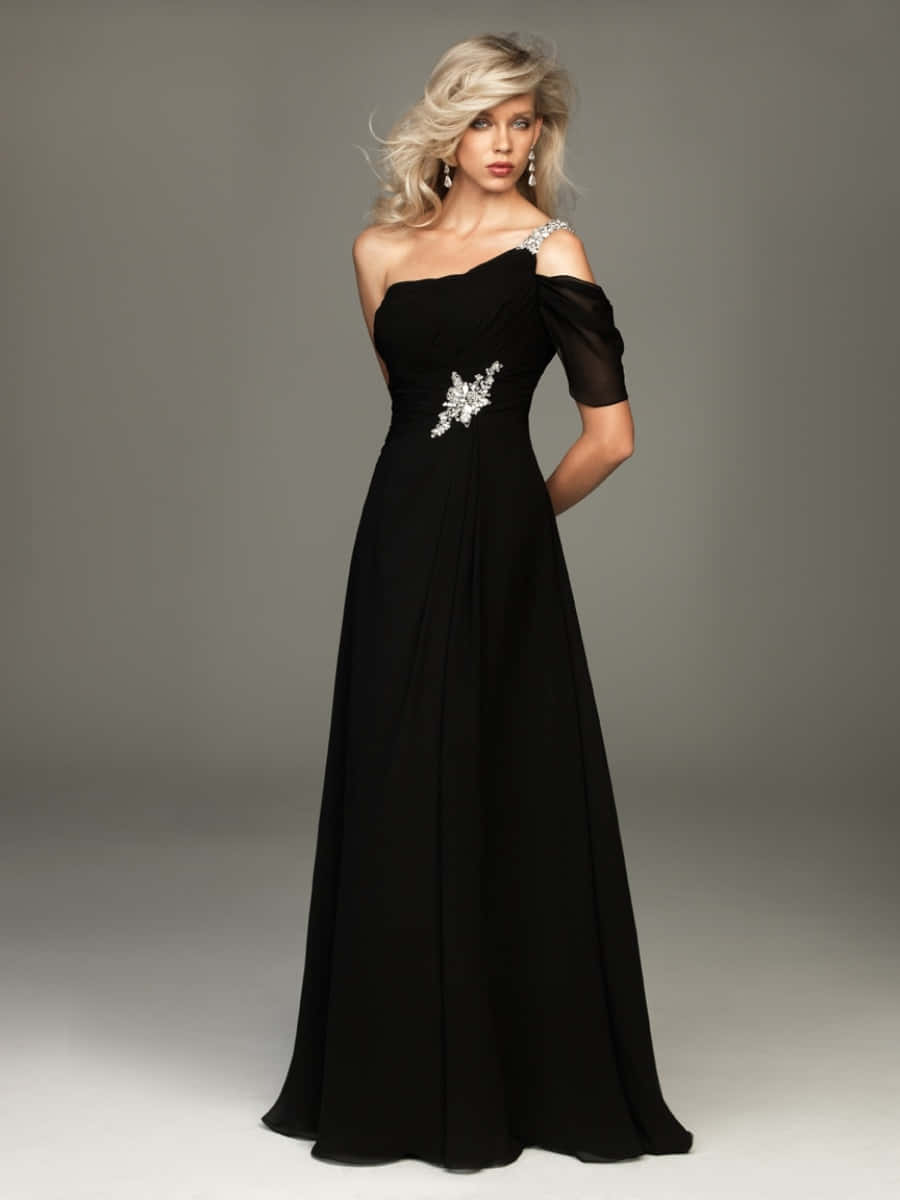 black tie dress, blonde woman, black off-shoulder gown, SD Phone Wallpaper