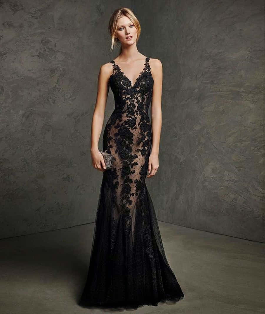black lace mermaid gown, textured gray studio wall, poised woman, SD Phone Wallpaper