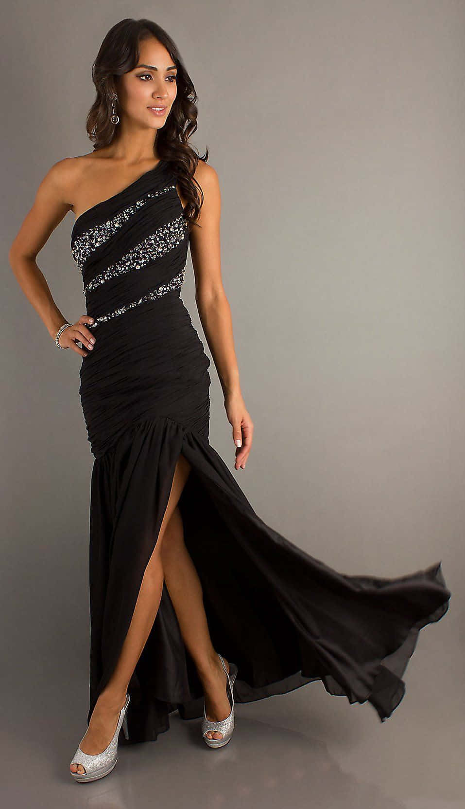 black one-shoulder gown, silver embellishments, neutral gray backdrop, HD Phone Wallpaper