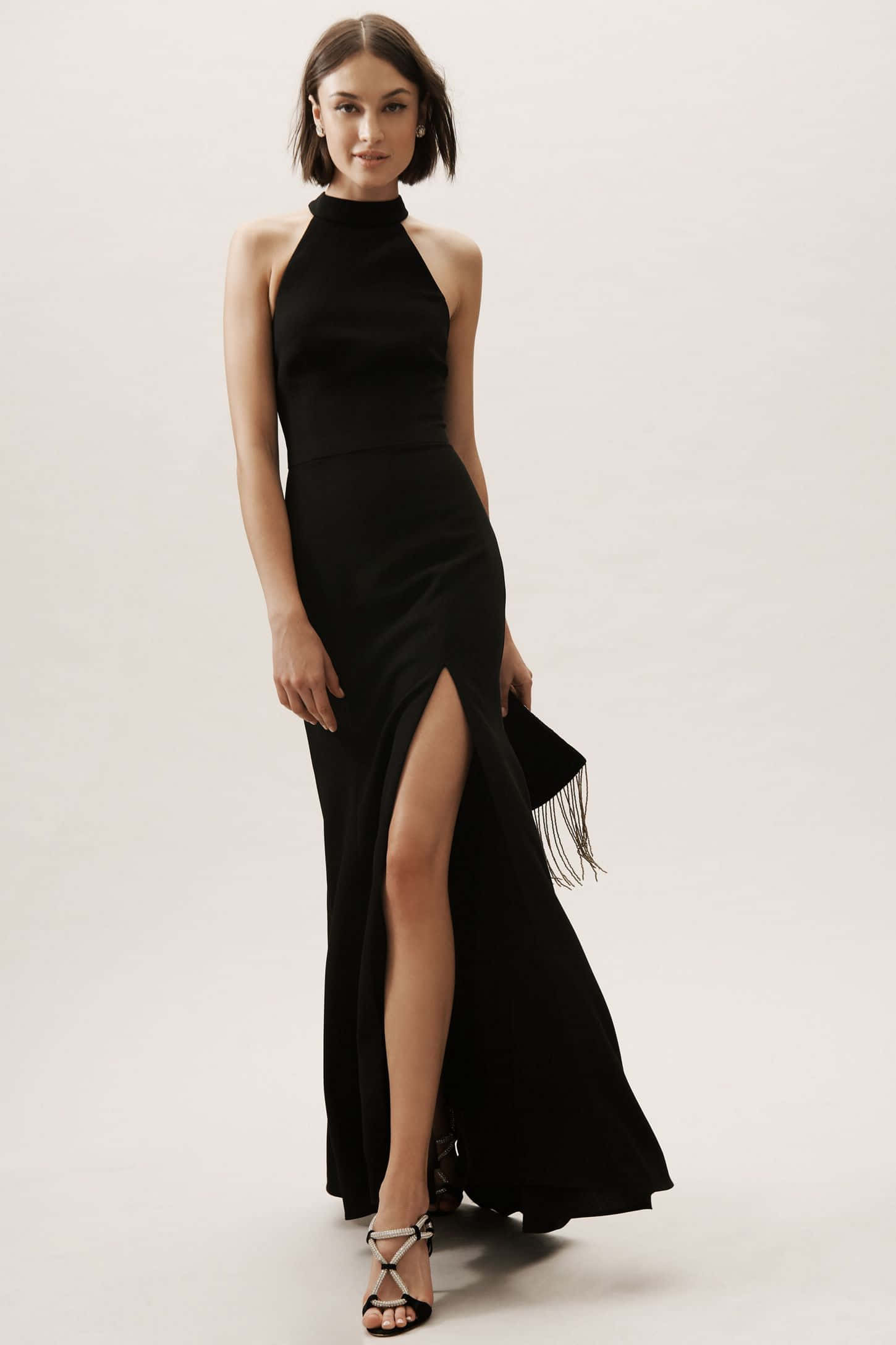 black tie dress, sleek black halter gown, high slit, Full HD Phone Wallpaper