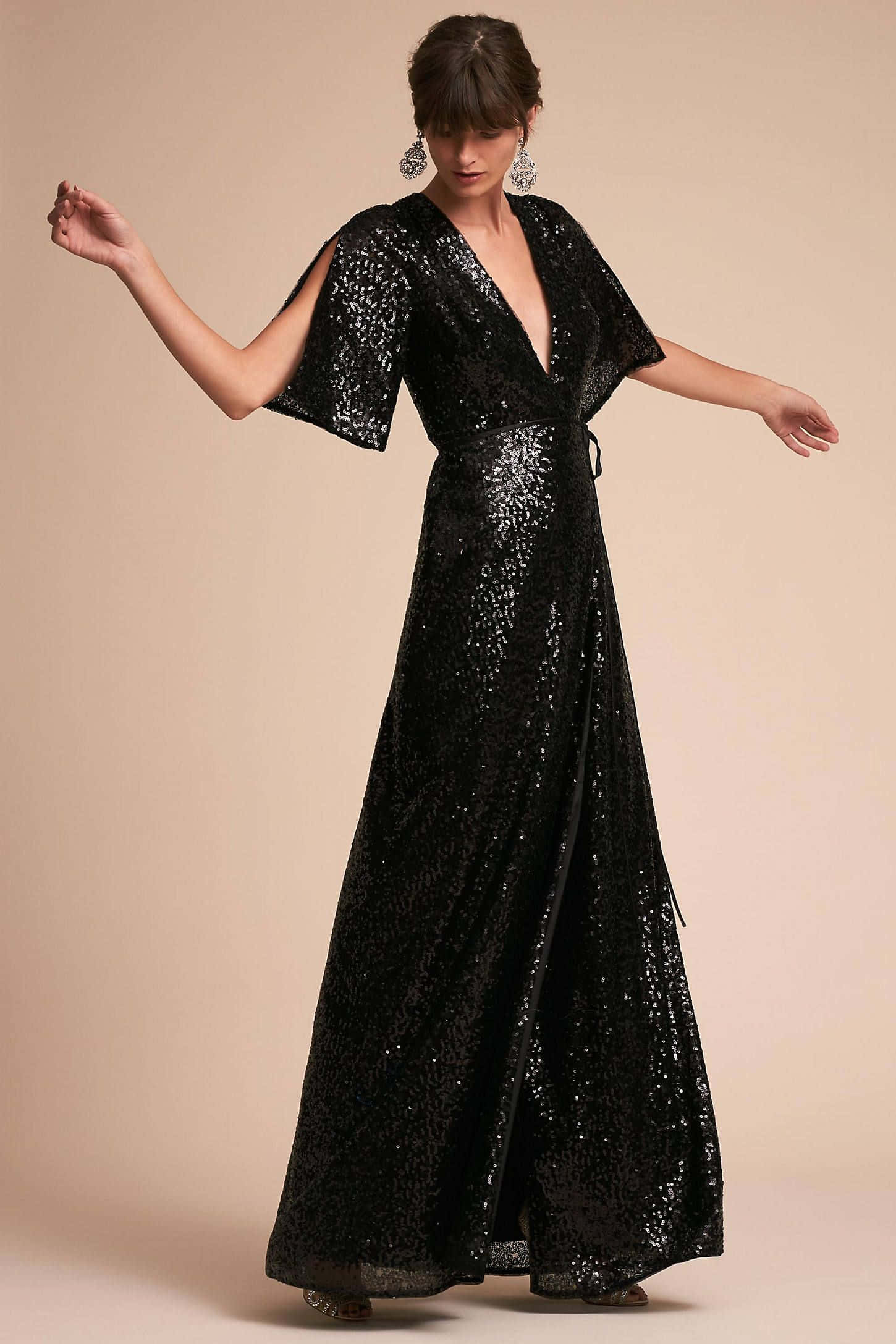 black tie dress, shimmering black sequined gown, cape sleeves, Full HD Phone Wallpaper