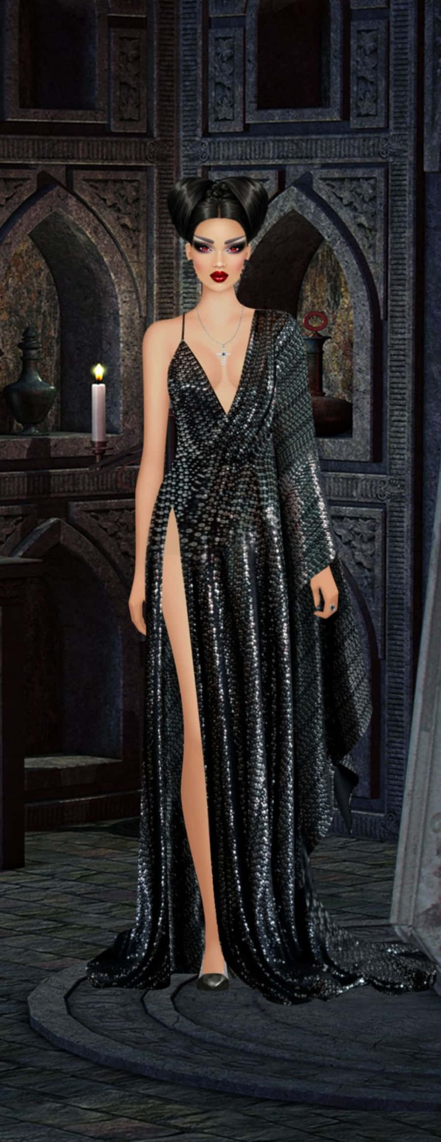 black tie dress, shimmering black gown, gothic cathedral, Full HD Phone Wallpaper