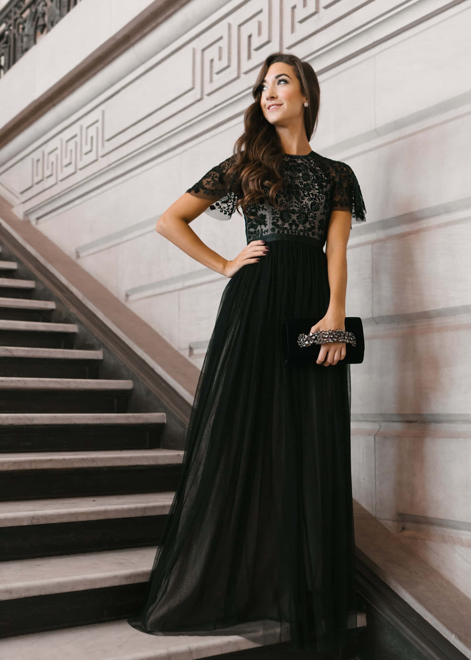 black lace and chiffon gown, grand staircase, ornate Greek key wall patterns, Full HD Phone Wallpaper