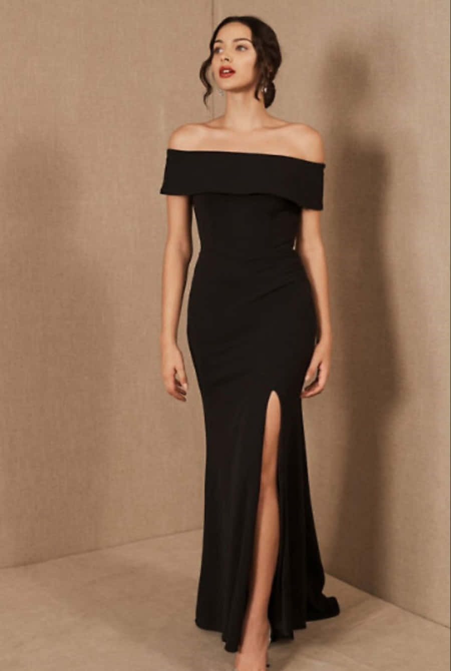 black tie dress, sleek black off-shoulder gown, high slit, HD Phone Wallpaper
