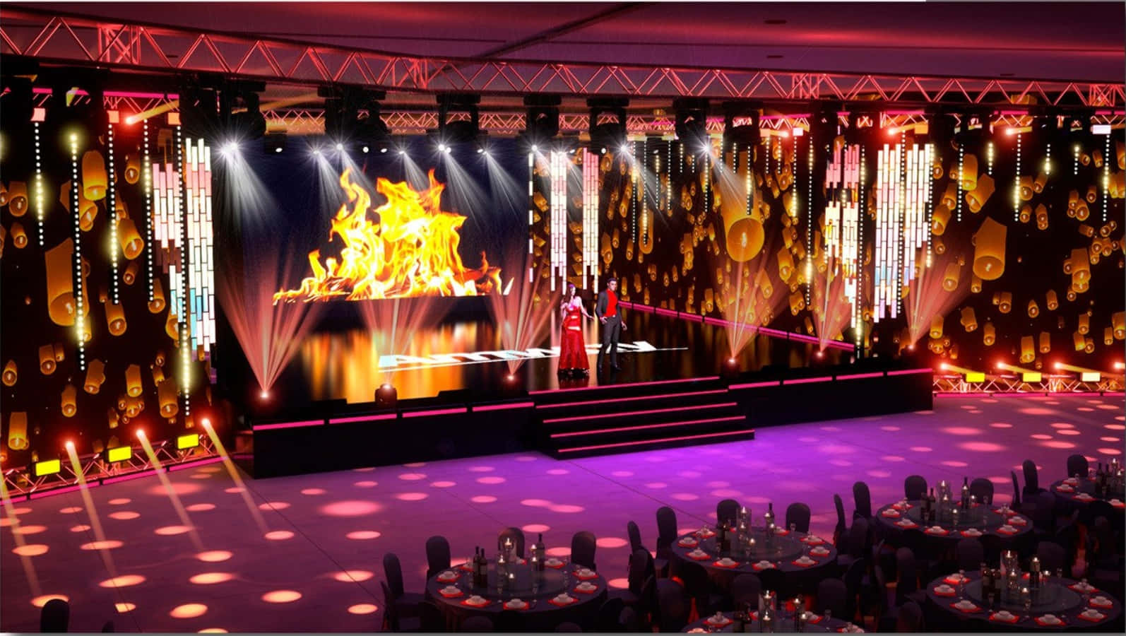 black tie event, gala hall, purple spotlights, HD Desktop Wallpaper