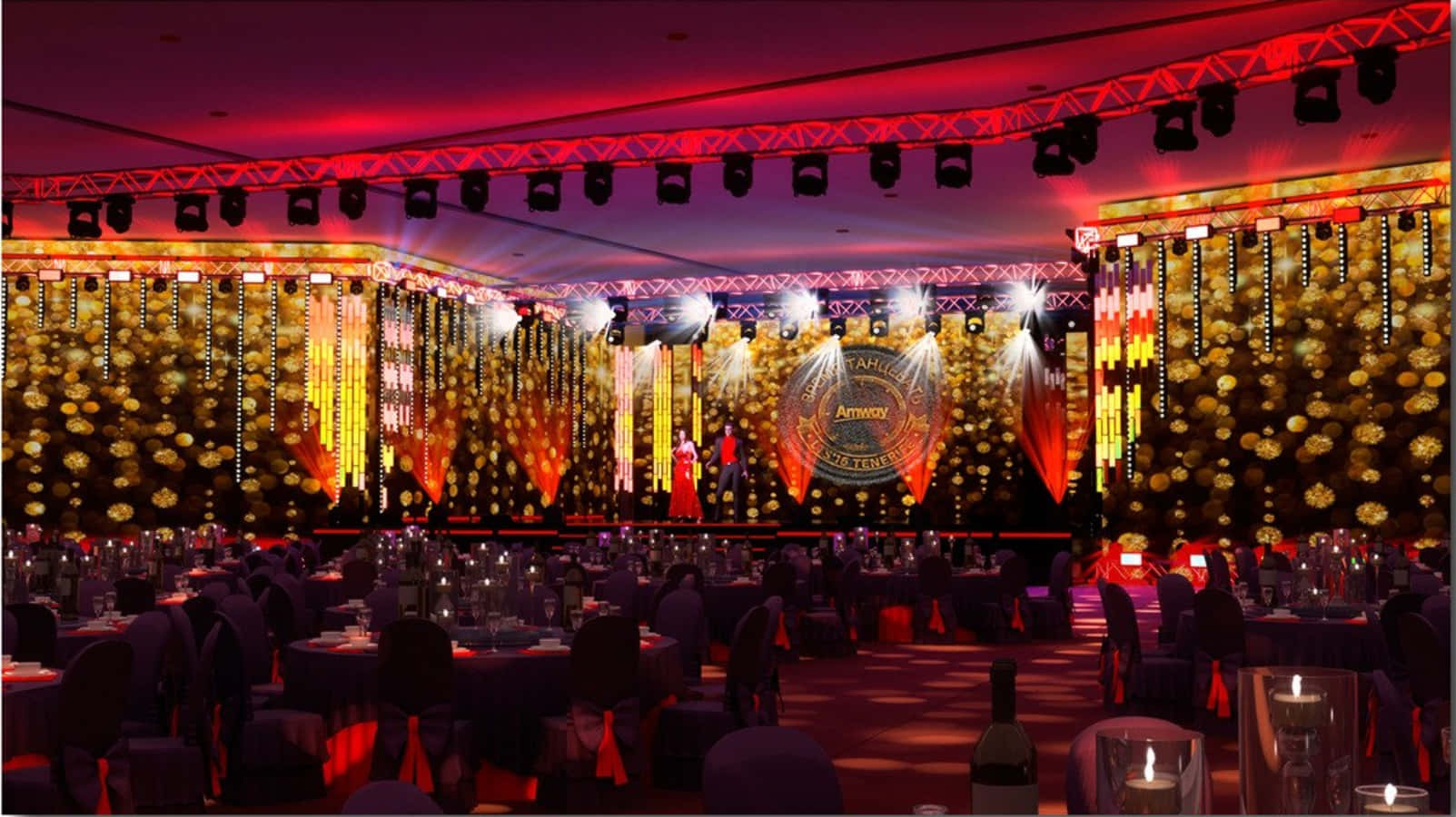 Black Tie Event, red and gold lights, grand banquet hall, HD Desktop Wallpaper