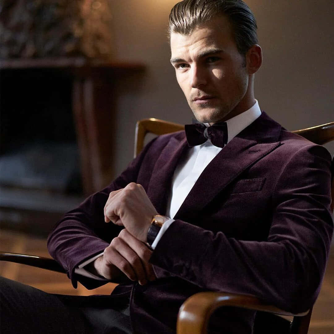 black tie event, velvet burgundy tuxedo, wooden chair, SD Desktop Wallpaper