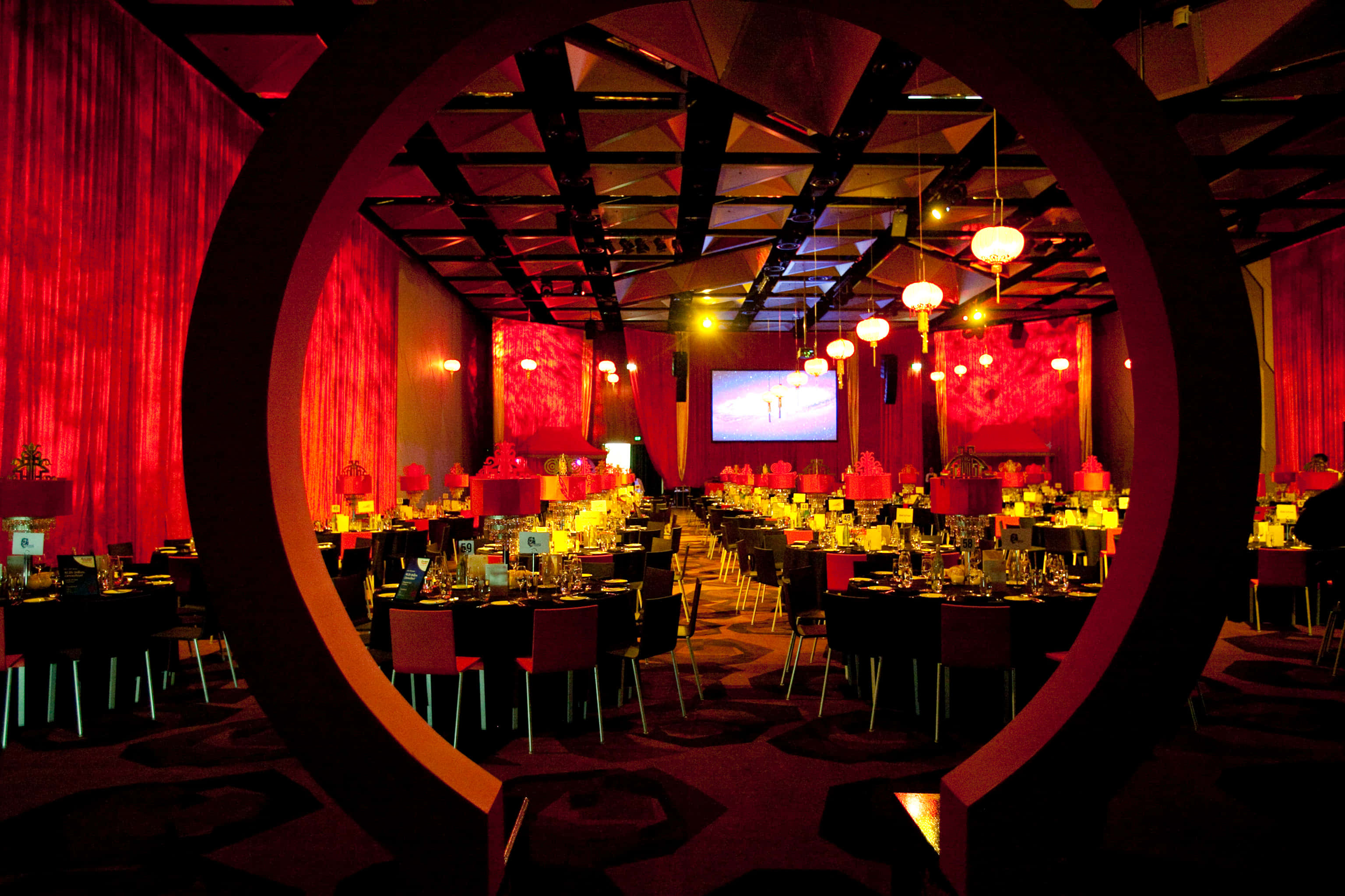 Black Tie Event, grand banquet hall, rich red light, 2K Desktop Wallpaper