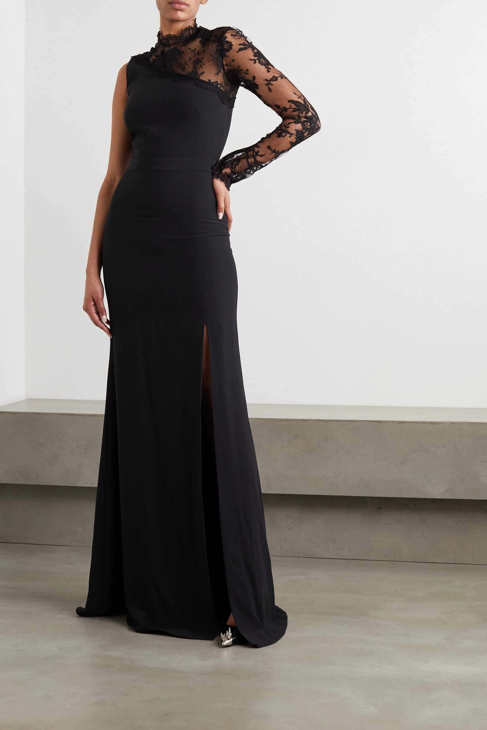 black tie dress, sleek black gown, lace sleeves, 2K Phone Wallpaper