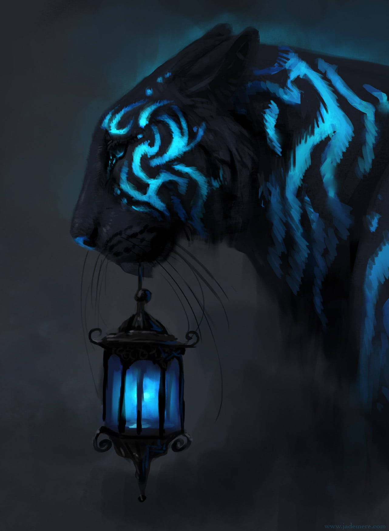 Black Tiger, glowing blue tribal markings, ornate lantern, HD Phone Wallpaper