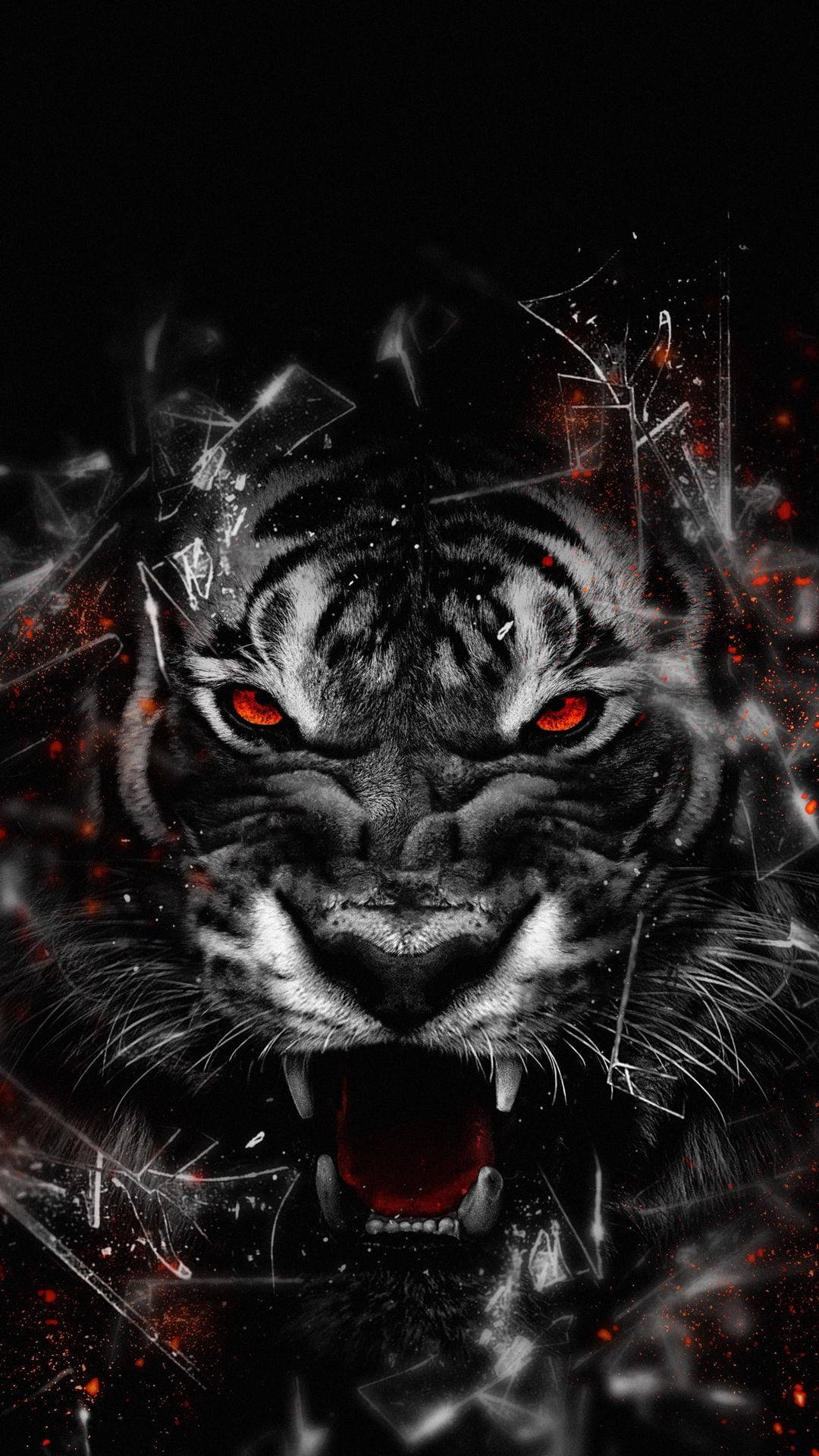 Black Tiger, bloody red eyes, shattered glass background, Full HD Phone Wallpaper