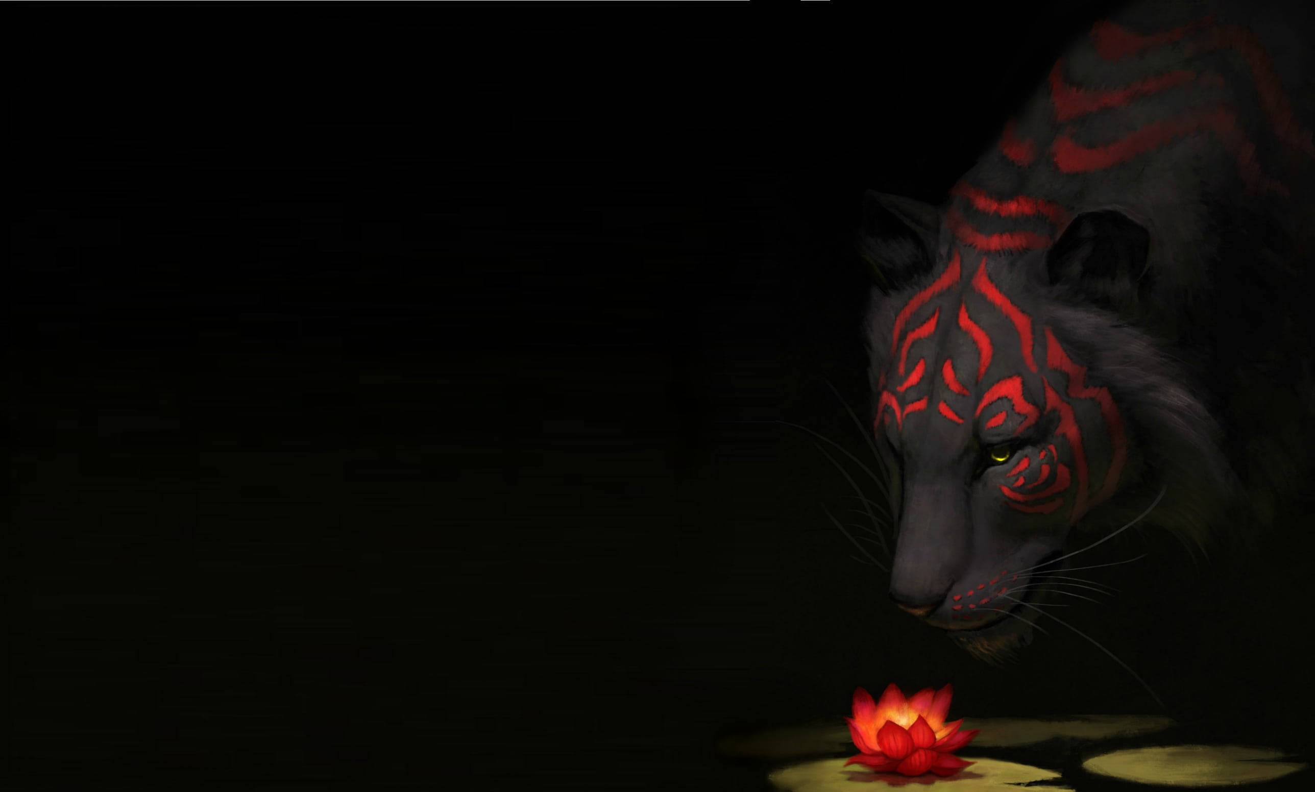 Black Tiger, glowing red markings, red lotus flower, 2K Desktop Wallpaper