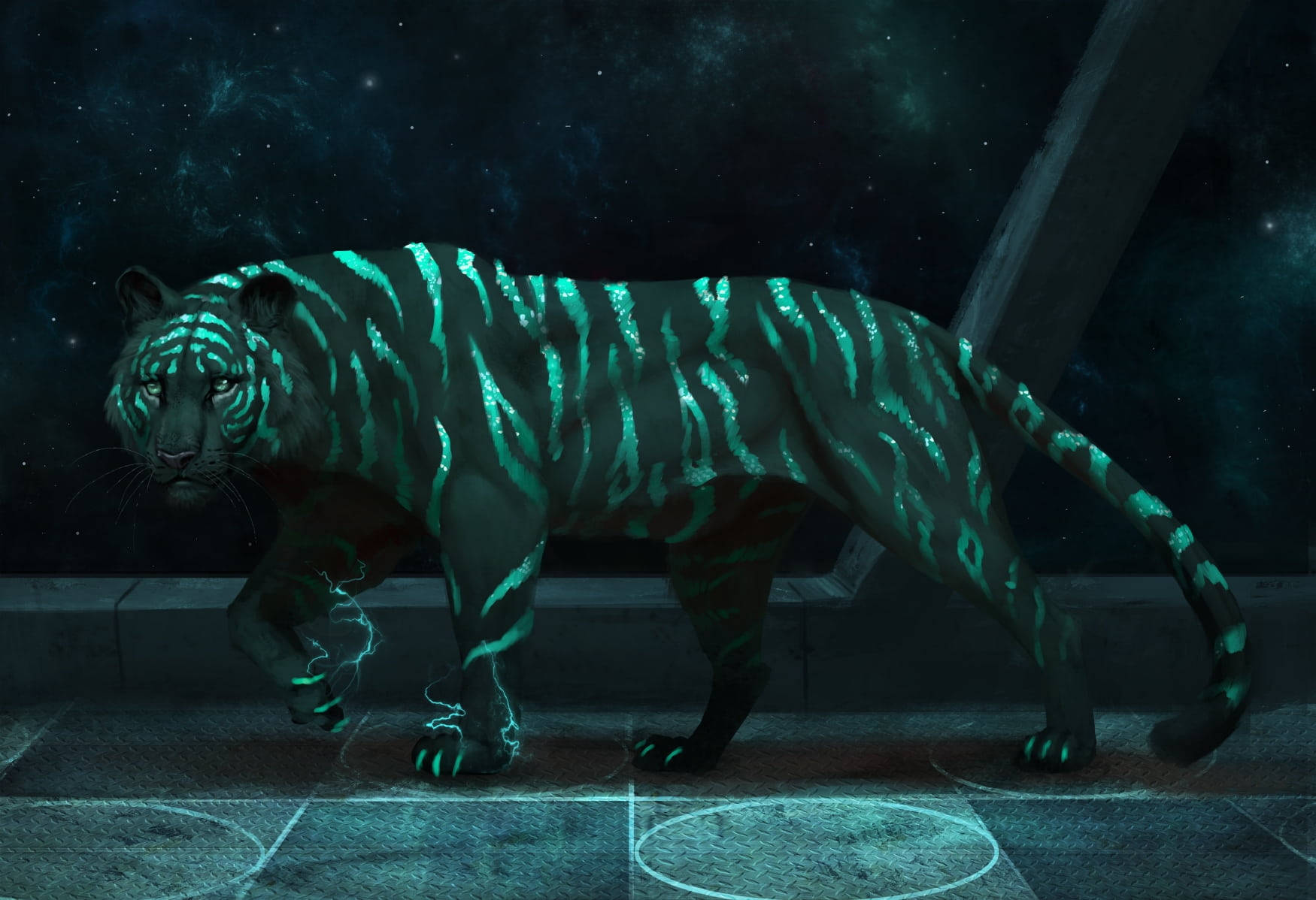 Black Tiger, glowing teal, electric stripes, HD Desktop Wallpaper