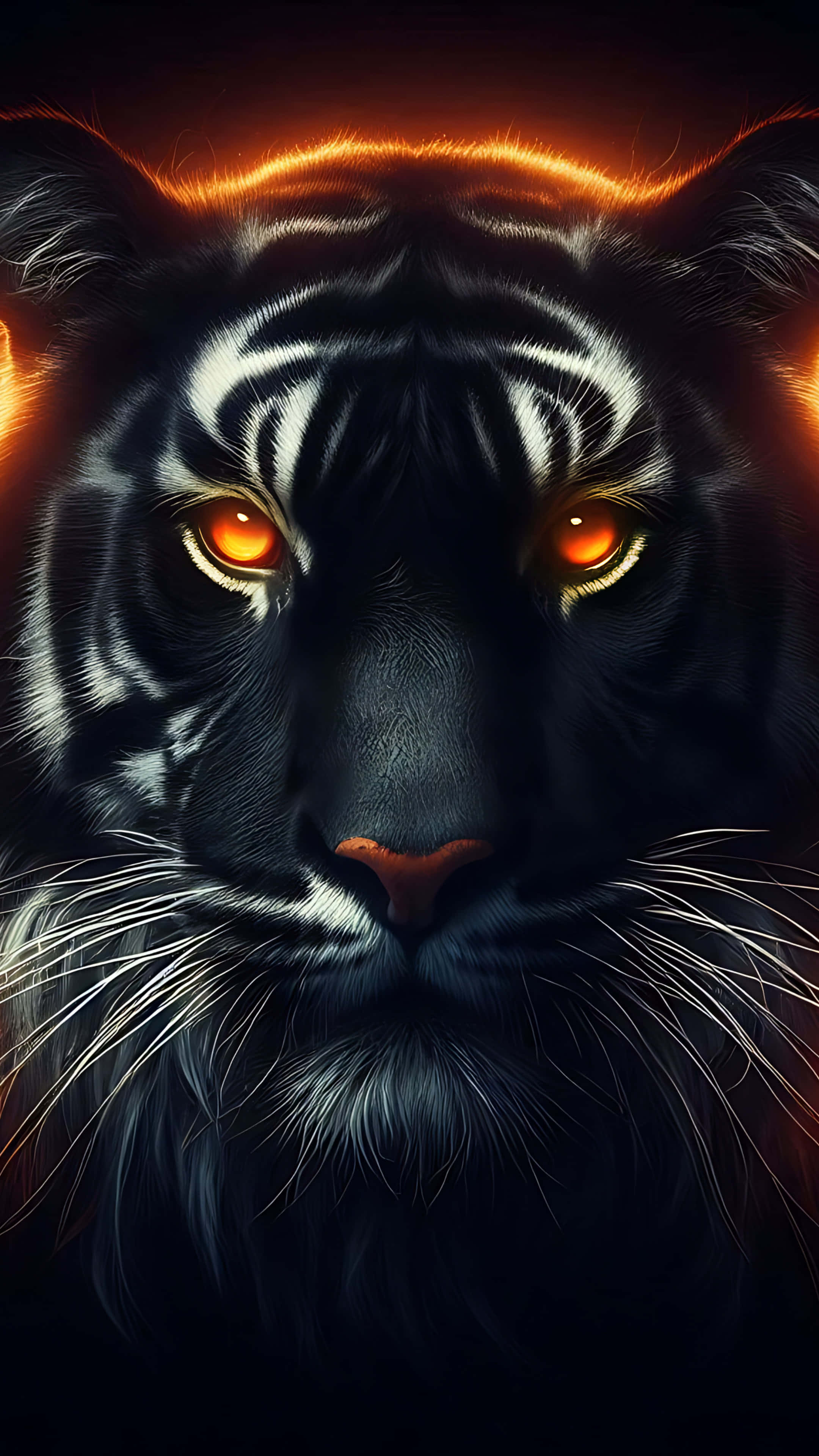 Black Tiger, glowing orange eyes, fiery orange fur, 4K Phone Wallpaper