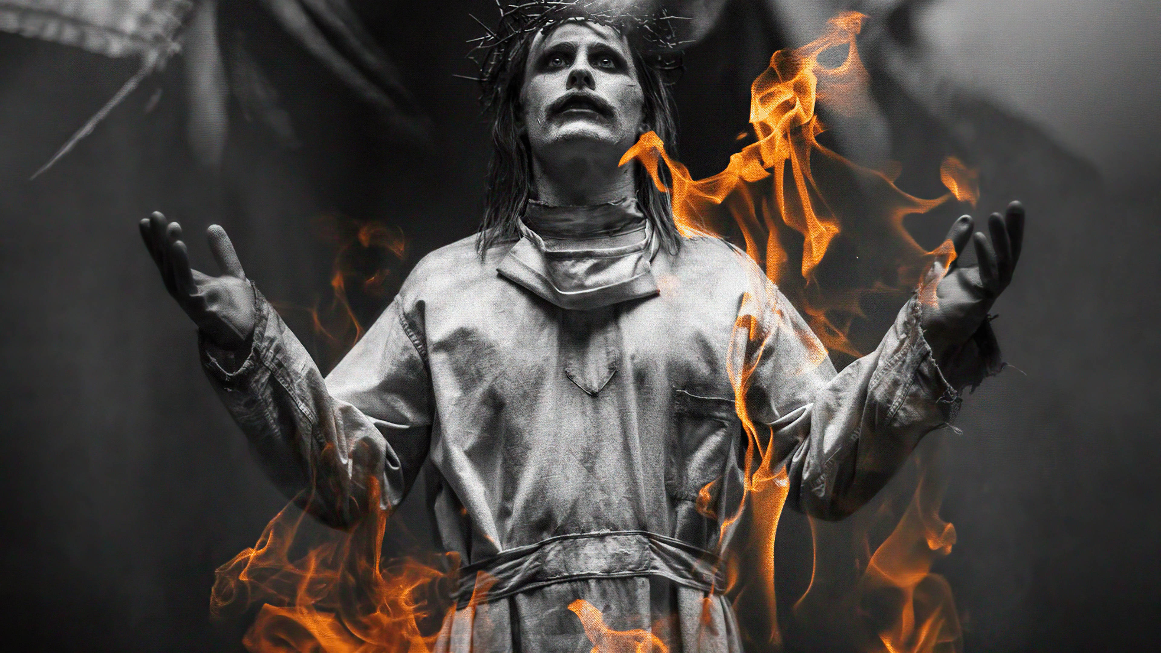 Black Ultra HD Joker, crown of thorns, vivid orange flames, 4K Desktop Wallpaper