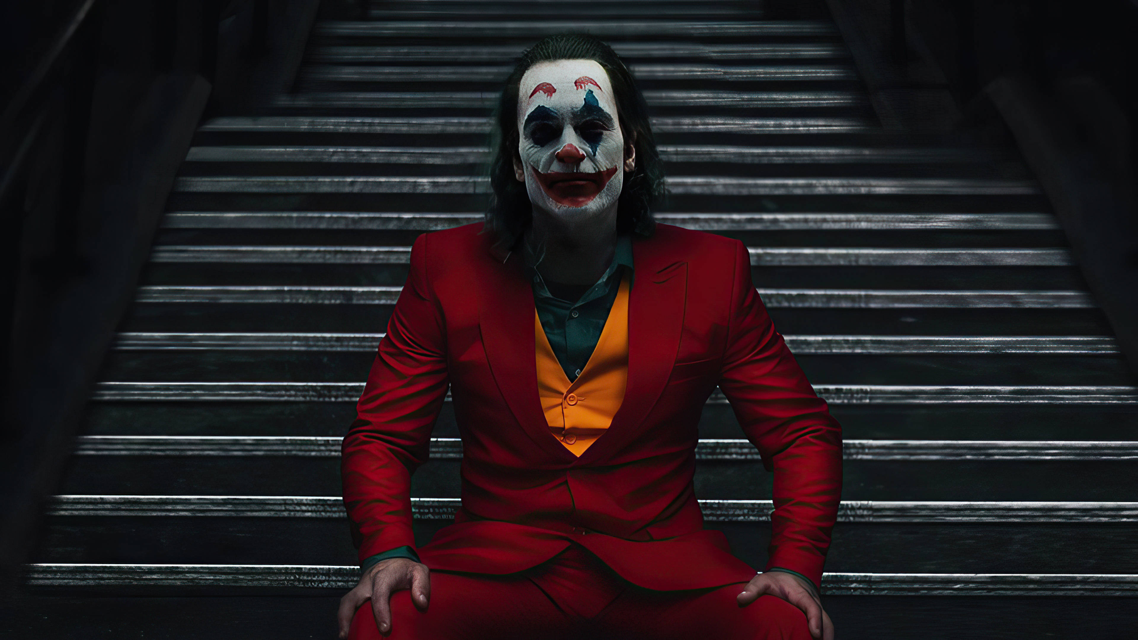 Black Ultra HD Joker, staircase, red suit, 4K Desktop Wallpaper