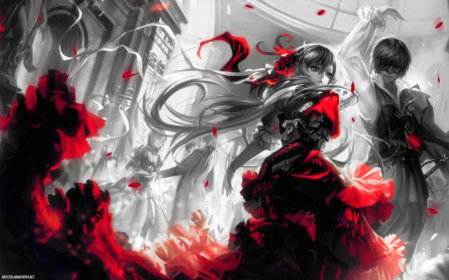 black and white image, two anime girls, red dresses, HD Desktop Wallpaper