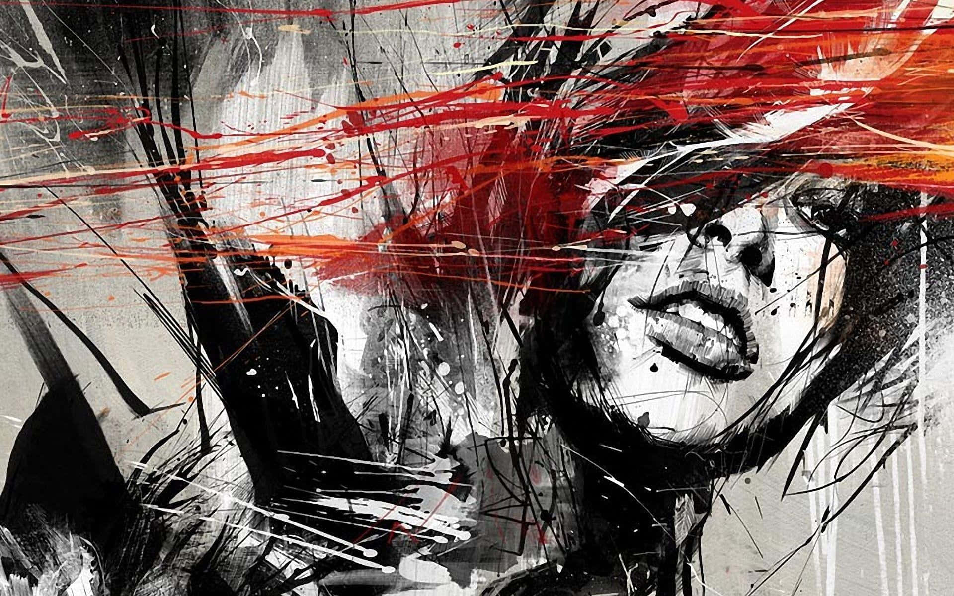 black and white painting, woman with a gun, bold red and black brushstrokes, Full HD Desktop Wallpaper